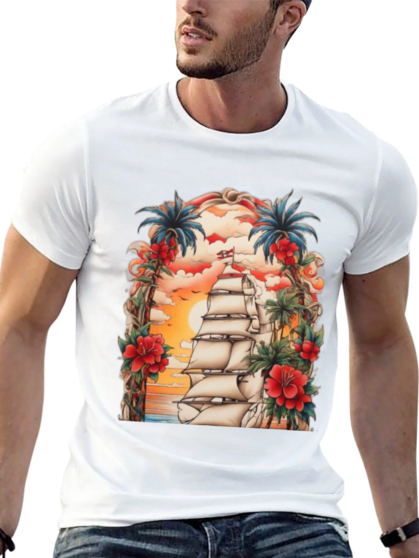 Tropical Sailing Ship Graphic Tee - Black Cotton T-Shirt