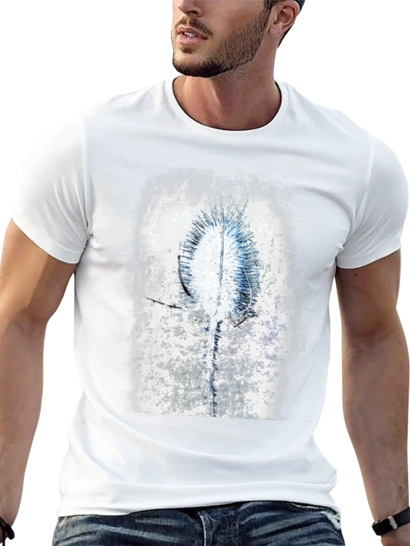 Abstract Blue & White Graphic Black T-Shirt