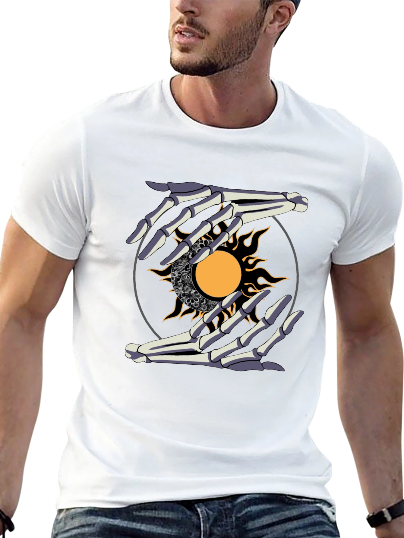 Skeleton Hands Sun Graphic Tee - Unique Unisex Shirt
