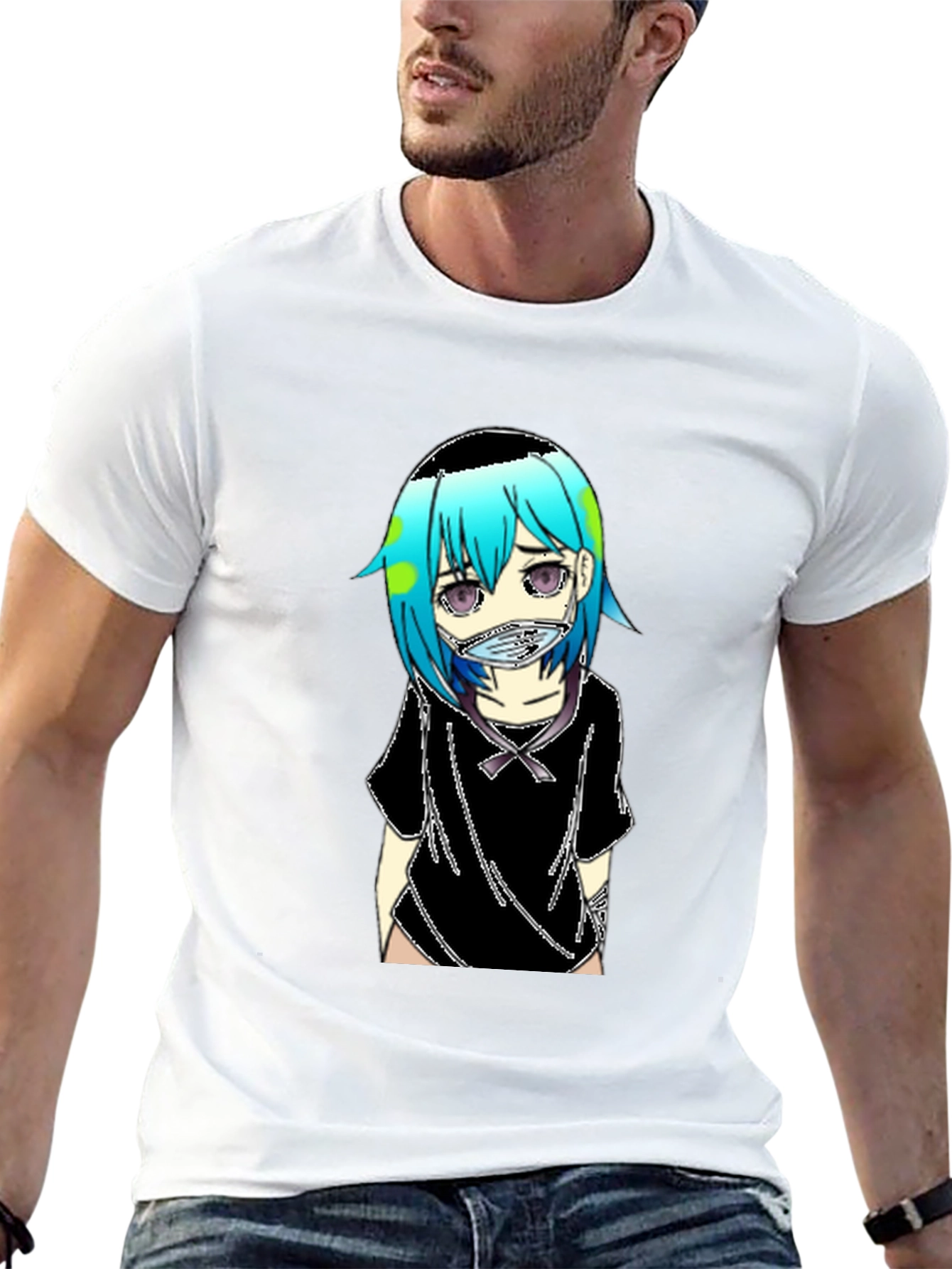 Anime Earth-Chan Face Mask Black T-Shirt