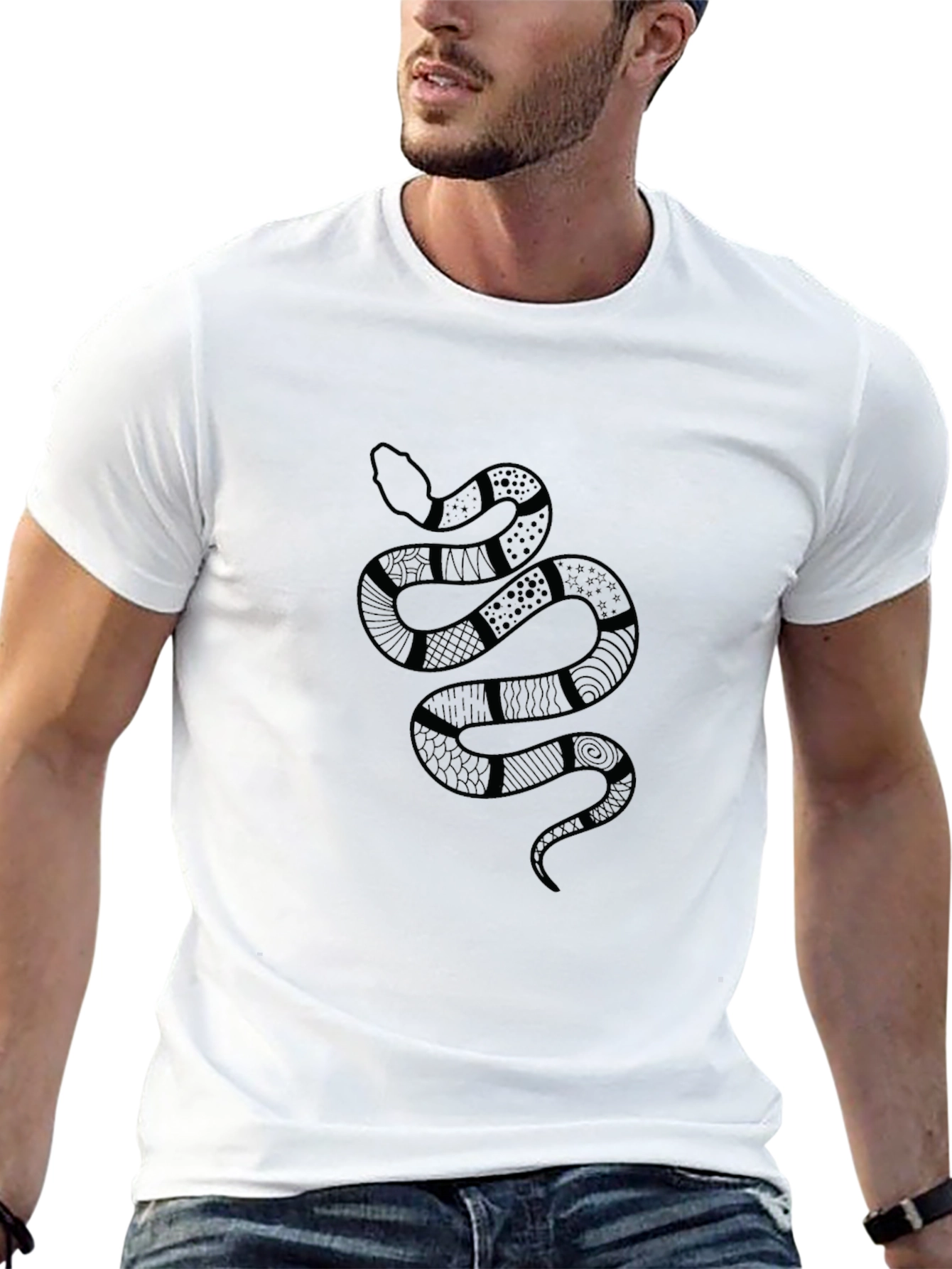 Mens Black T-Shirt with Snake Design