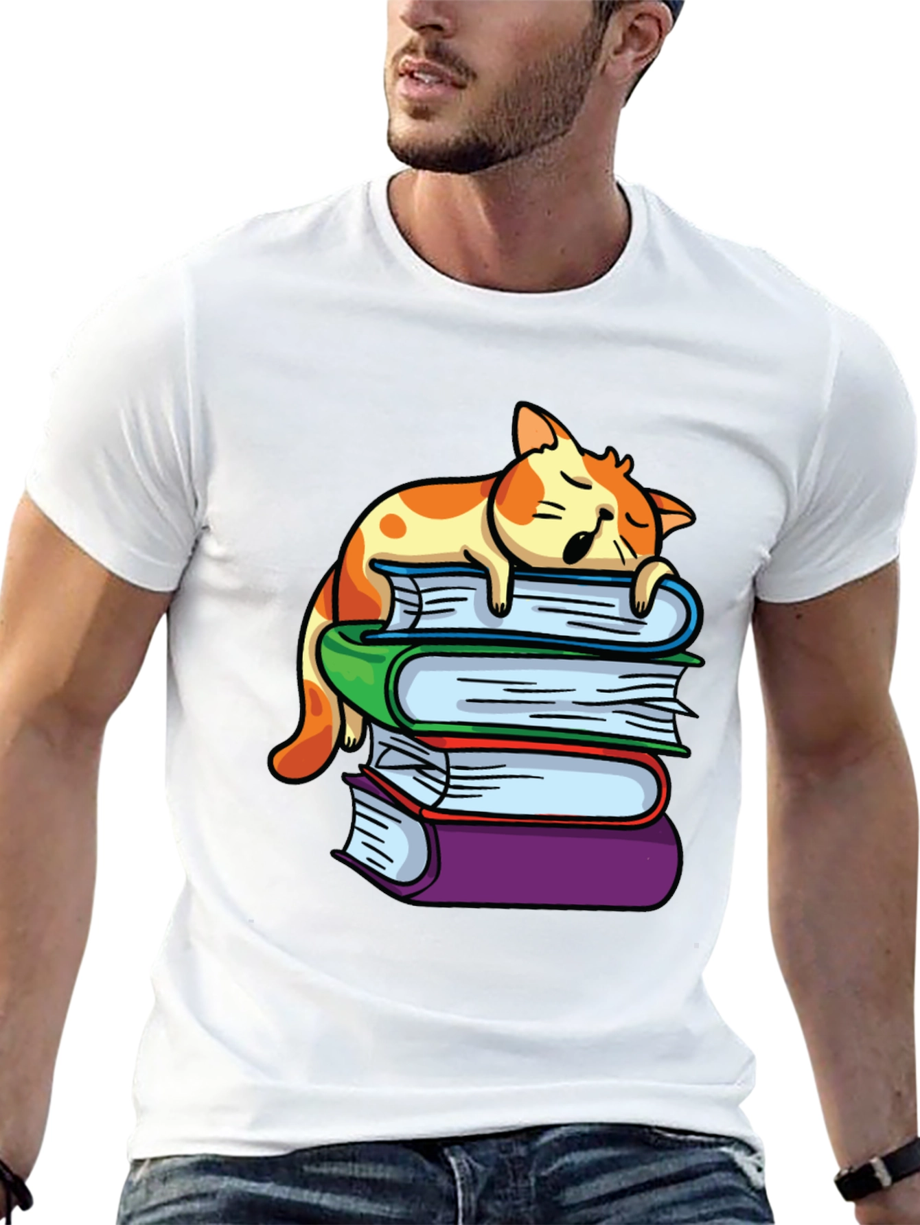 Cat Nap on Books T-Shirt - Reading Lover Tee