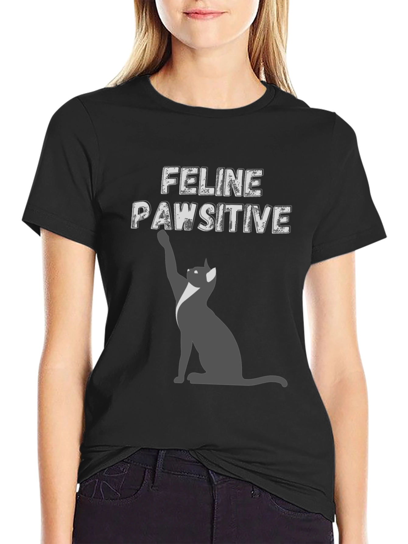 Feline Pawsitive Cat Graphic Tee - Black T-Shirt