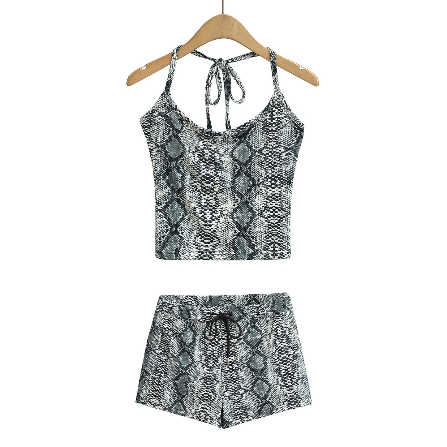 Two piece leopard print halter top+drawstring low waisted shorts