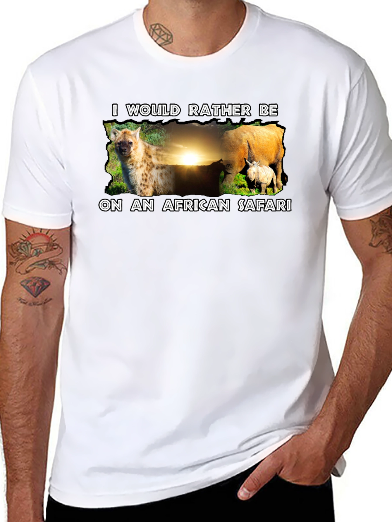 African Safari T-Shirt - Hyena and Rhino Design