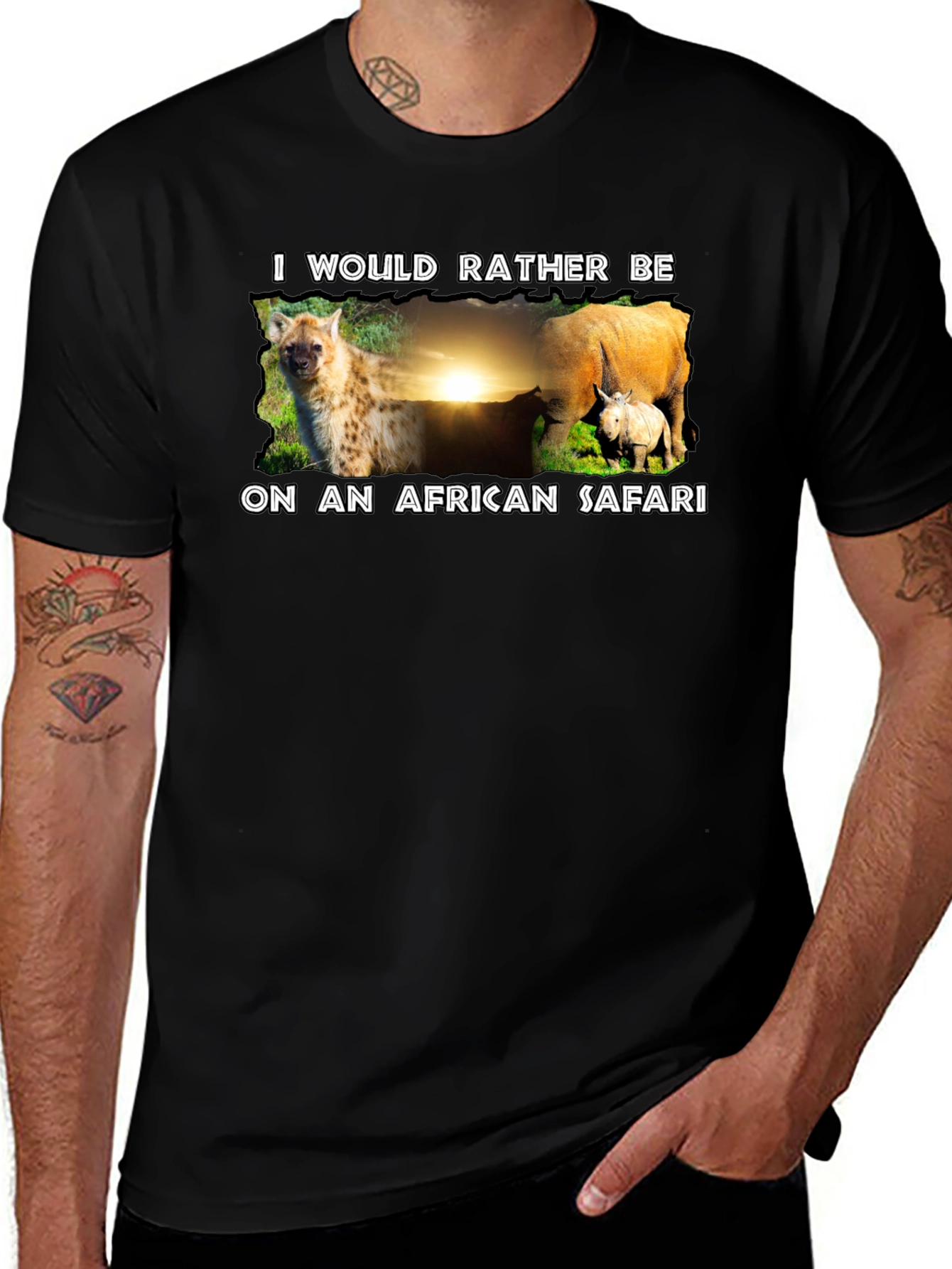African Safari T-Shirt - Hyena and Rhino Design