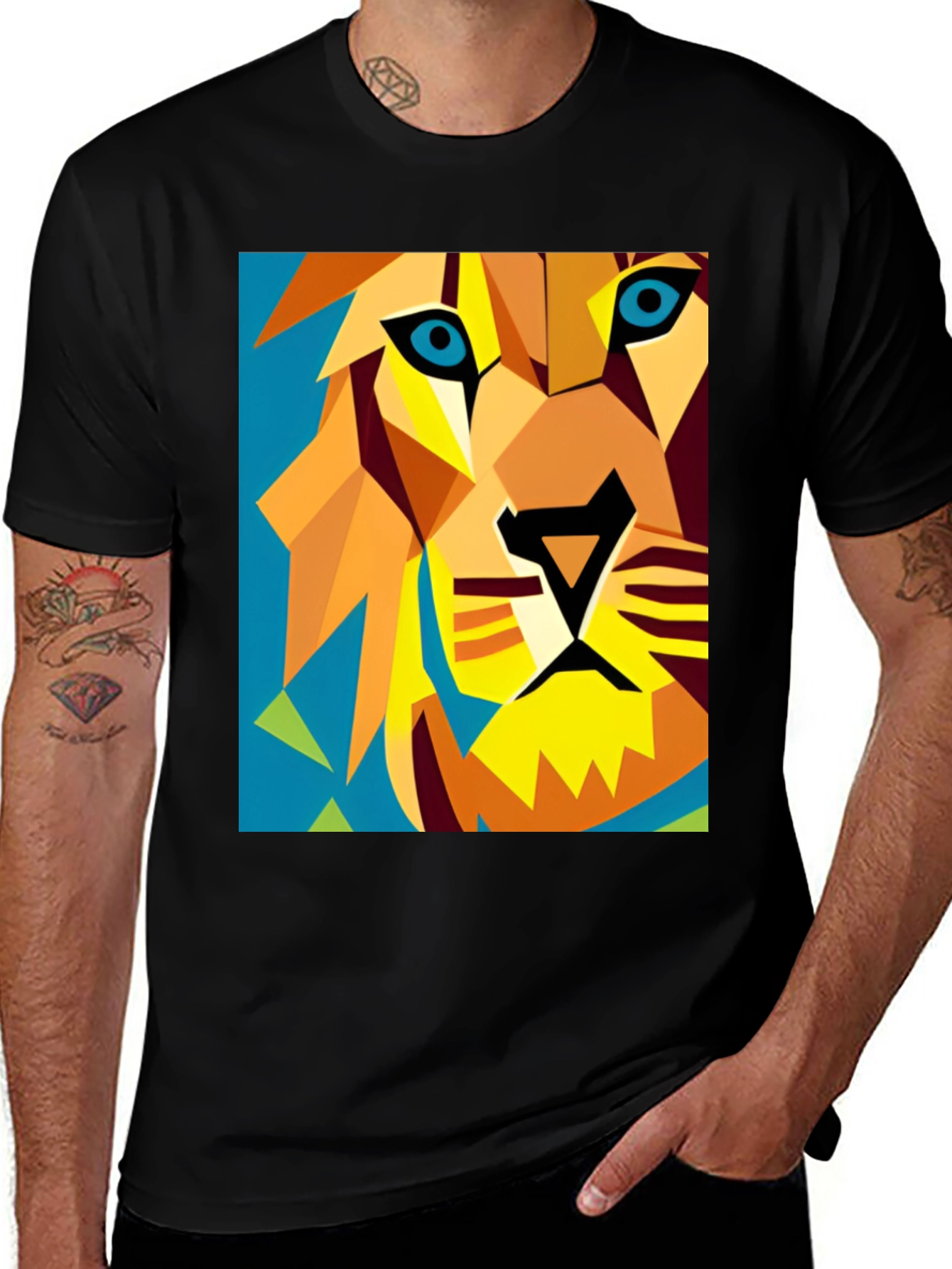 Geometric Lion Graphic Tee - Modern Art Style