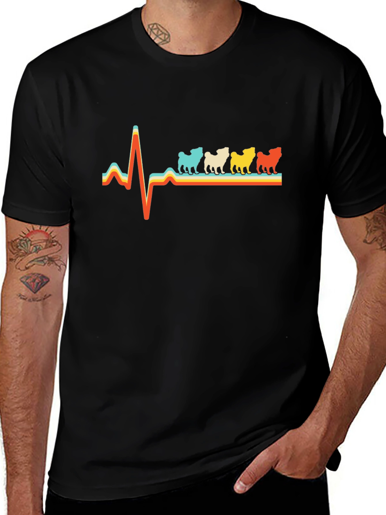 Pug Heartbeat Retro T-Shirt - Black