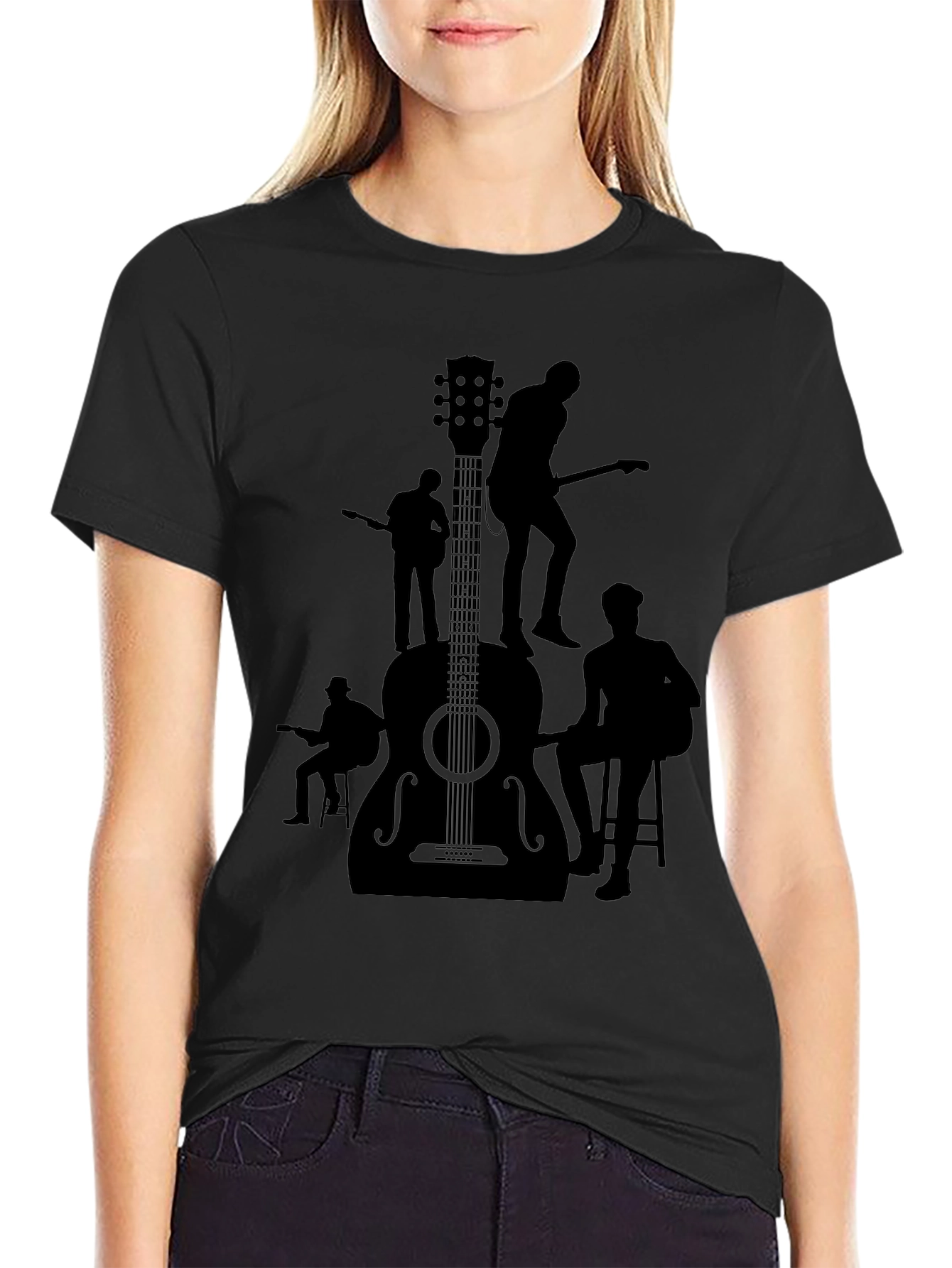 Guitar Band Silhouette Graphic Tee - Black