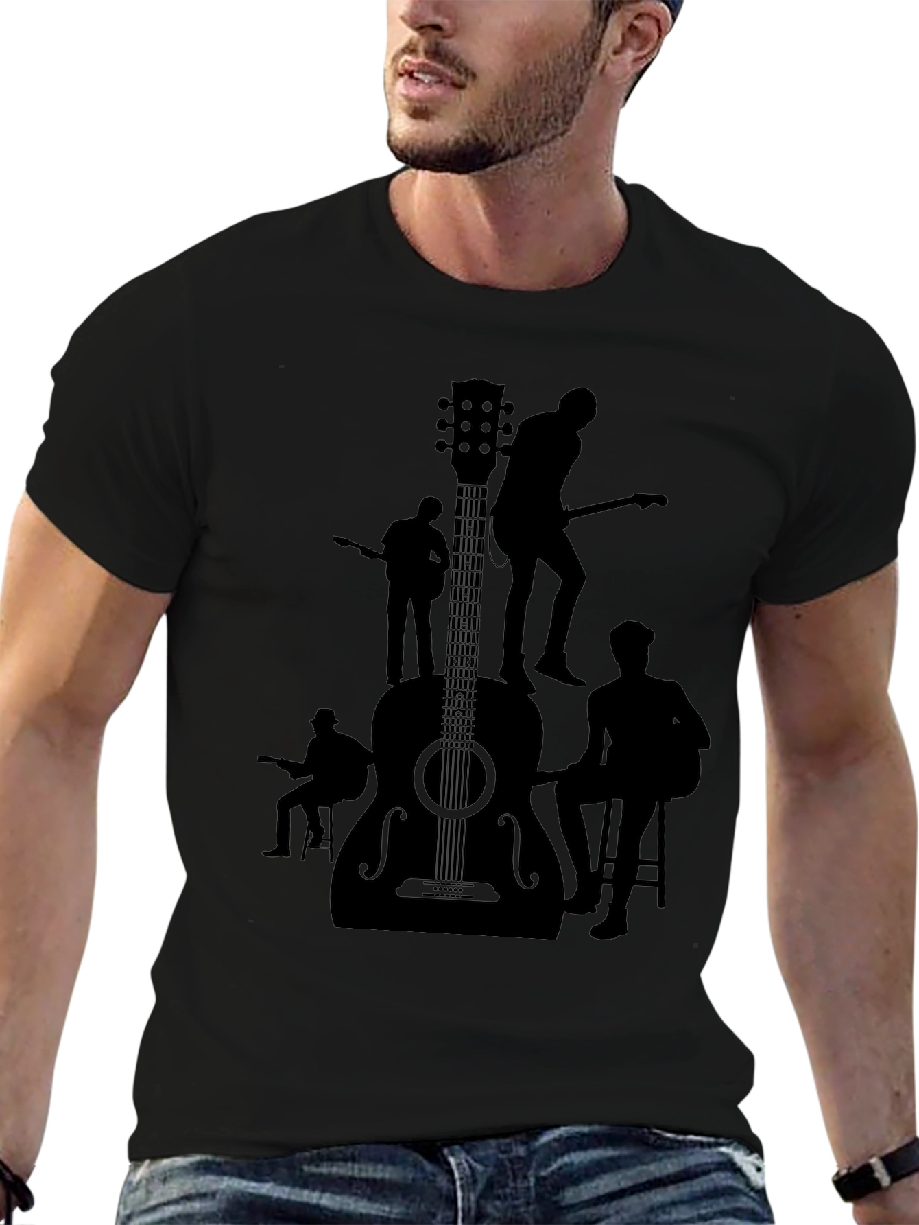 Guitar Band Silhouette Graphic Tee - Black