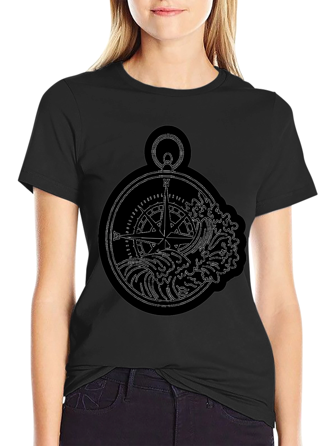 Nautical Compass & Waves Graphic Black T-Shirt