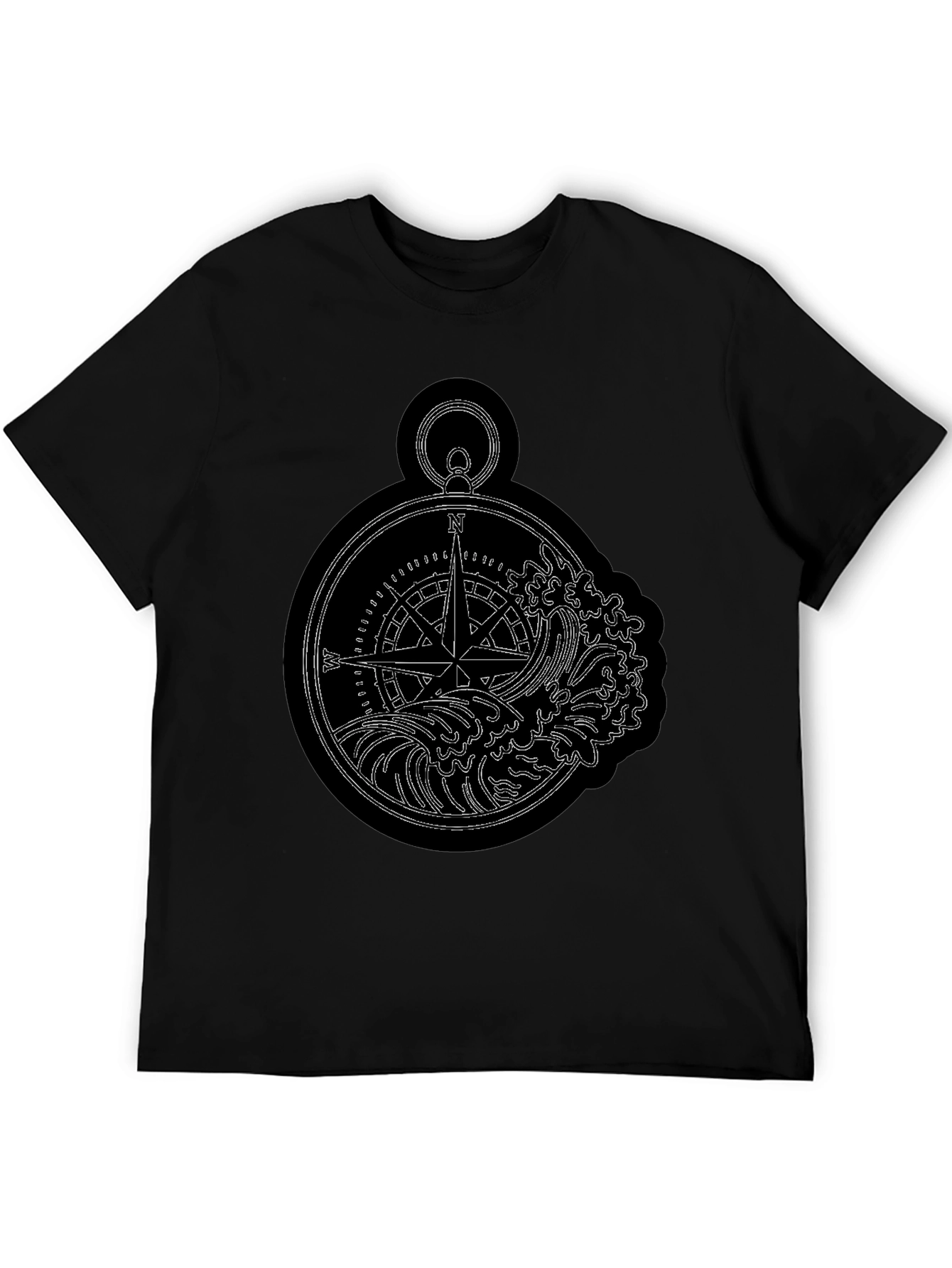 Nautical Compass & Waves Graphic Black T-Shirt