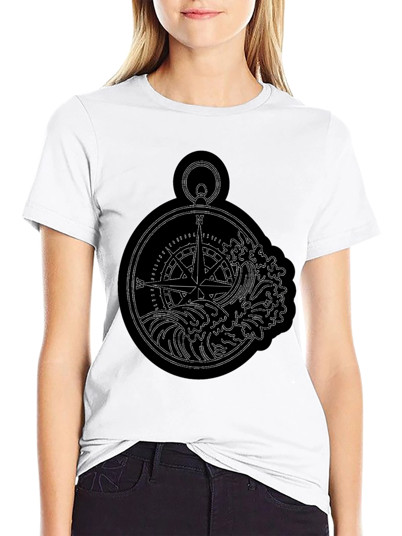 Nautical Compass & Waves Graphic Black T-Shirt