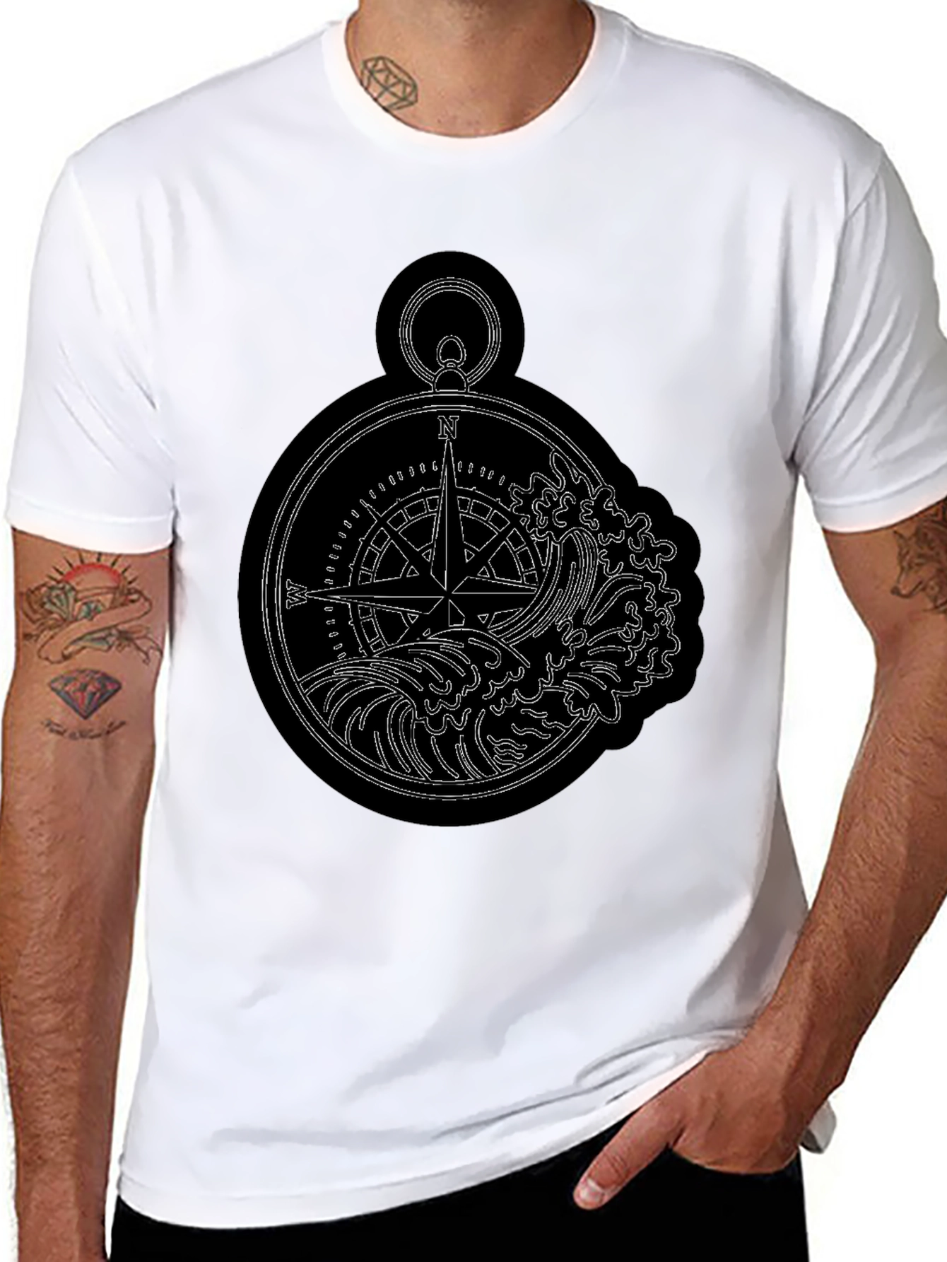 Nautical Compass & Waves Graphic Black T-Shirt