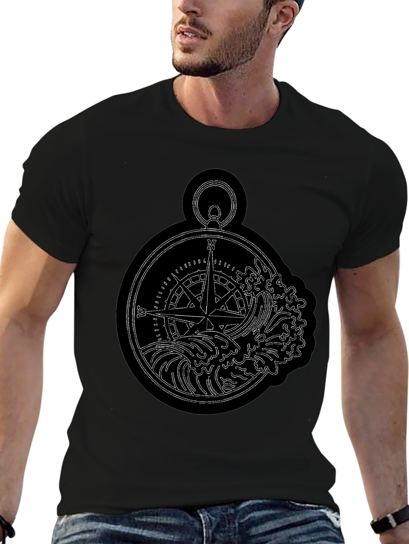 Nautical Compass & Waves Graphic Black T-Shirt