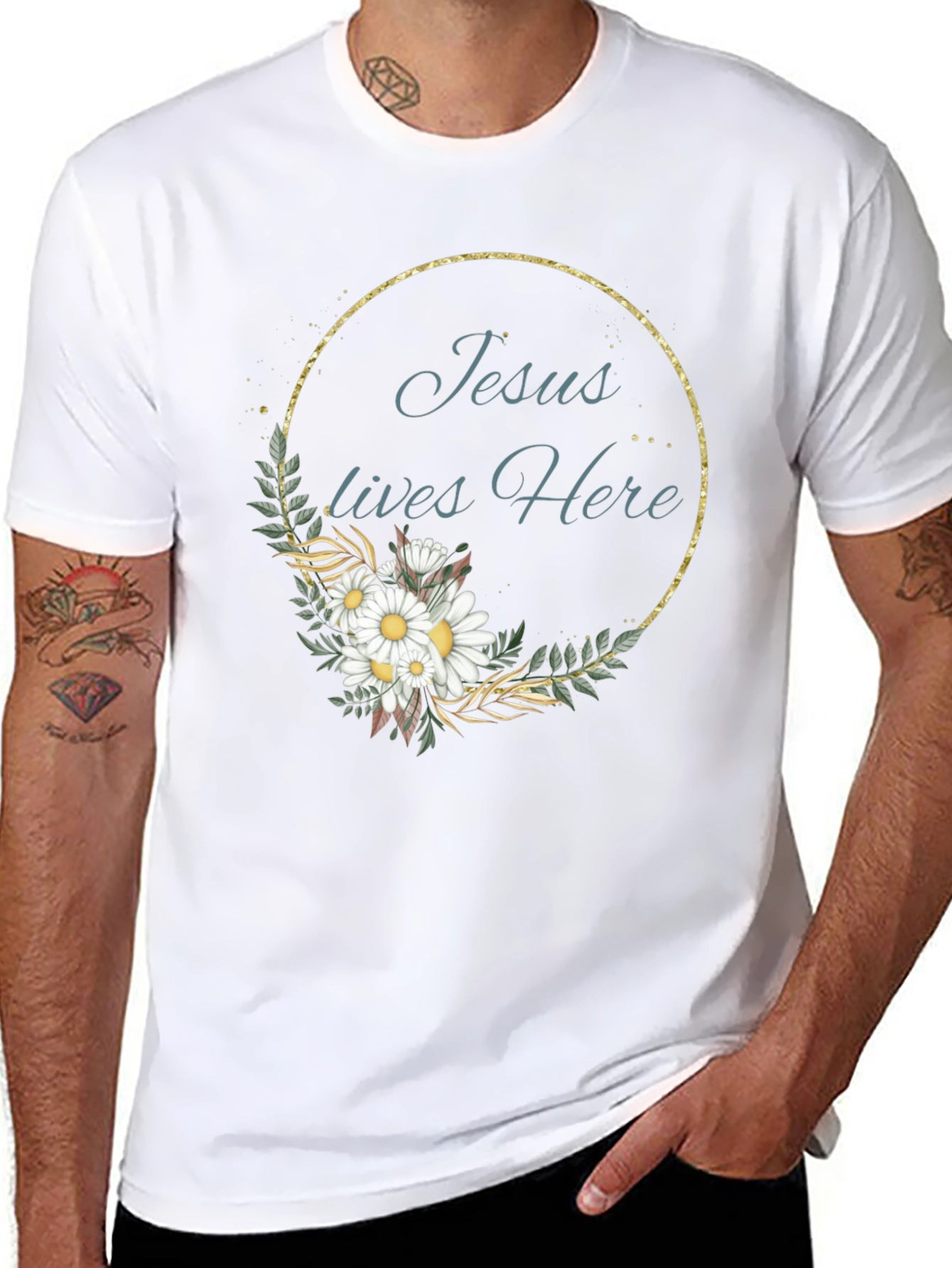 Jesus Lives Here Floral Graphic Black T-Shirt