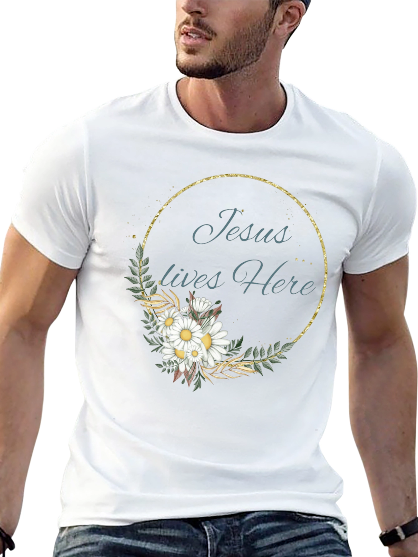 Jesus Lives Here Floral Graphic Black T-Shirt
