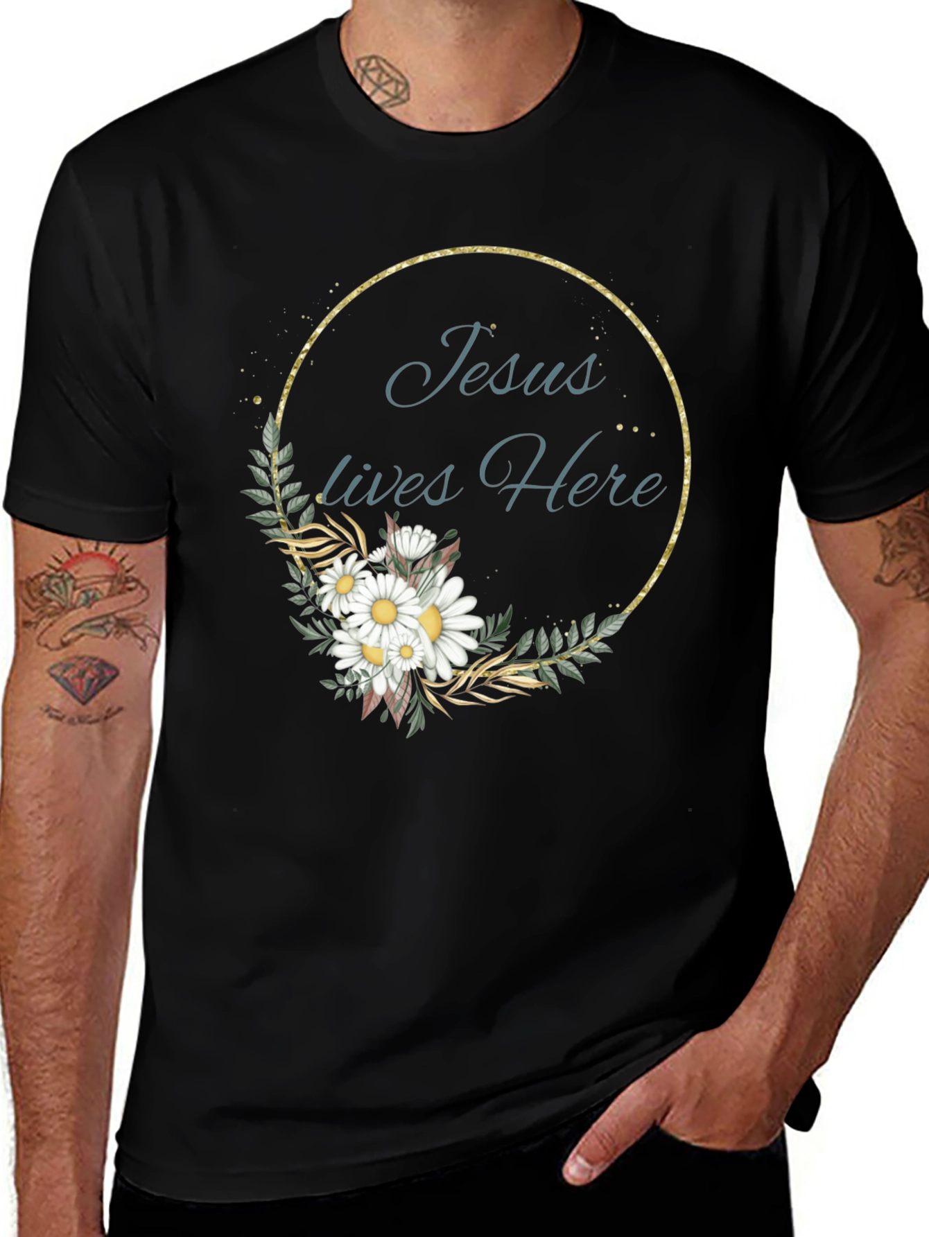 Jesus Lives Here Floral Graphic Black T-Shirt