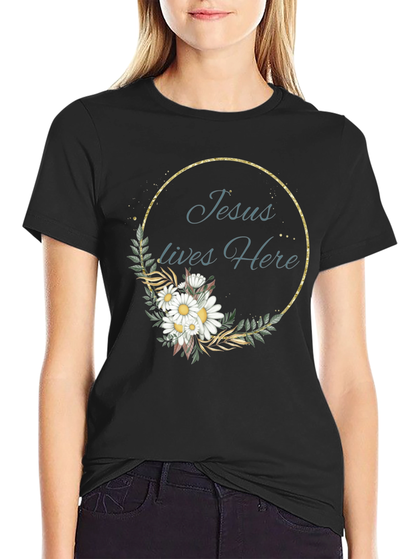 Jesus Lives Here Floral Graphic Black T-Shirt
