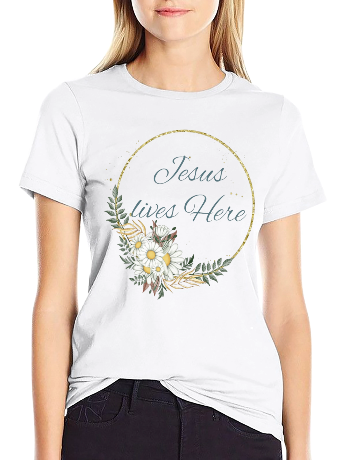Jesus Lives Here Floral Graphic Black T-Shirt