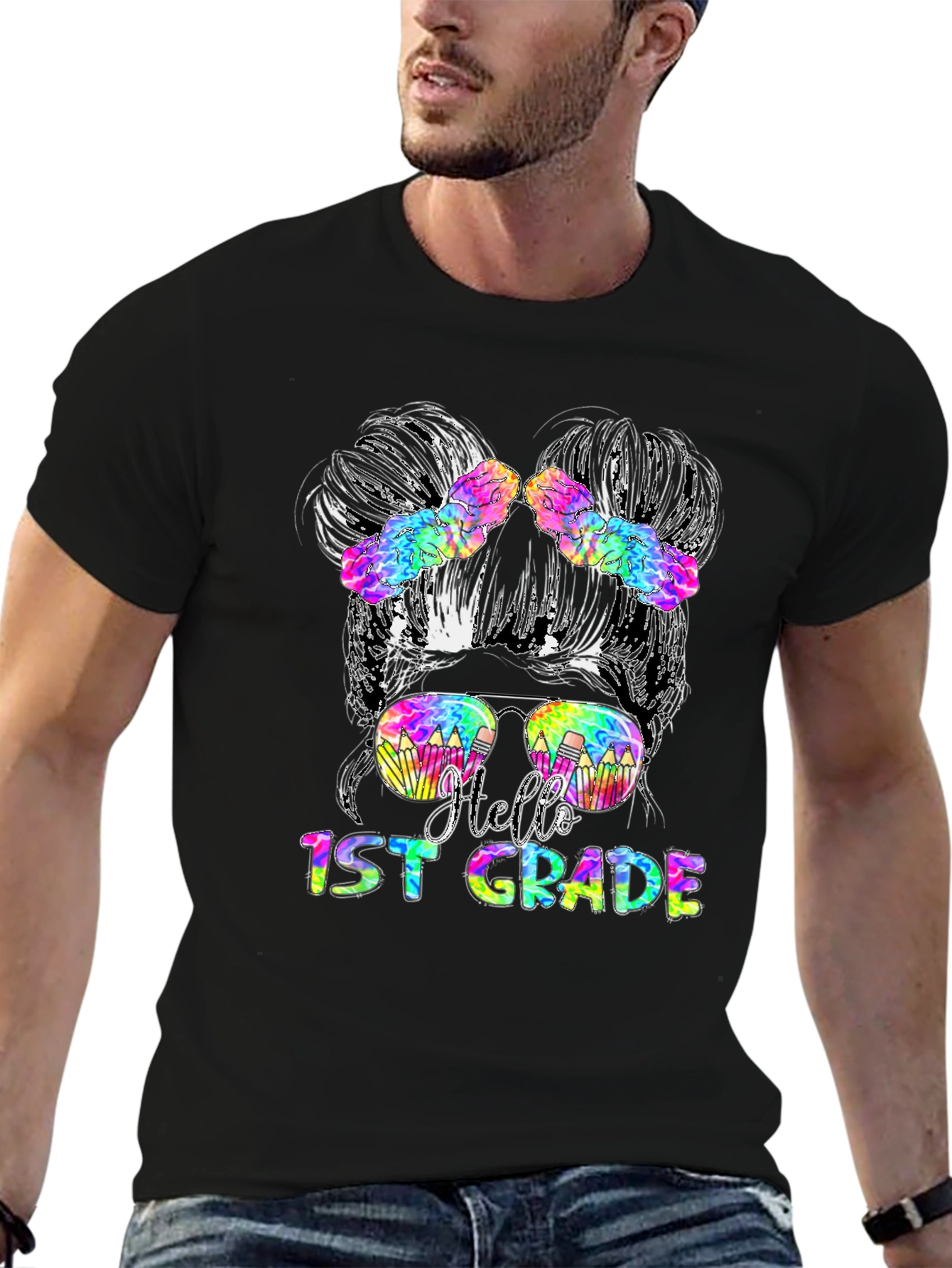Hello 1st Grade Messy Bun Teacher T-Shirt