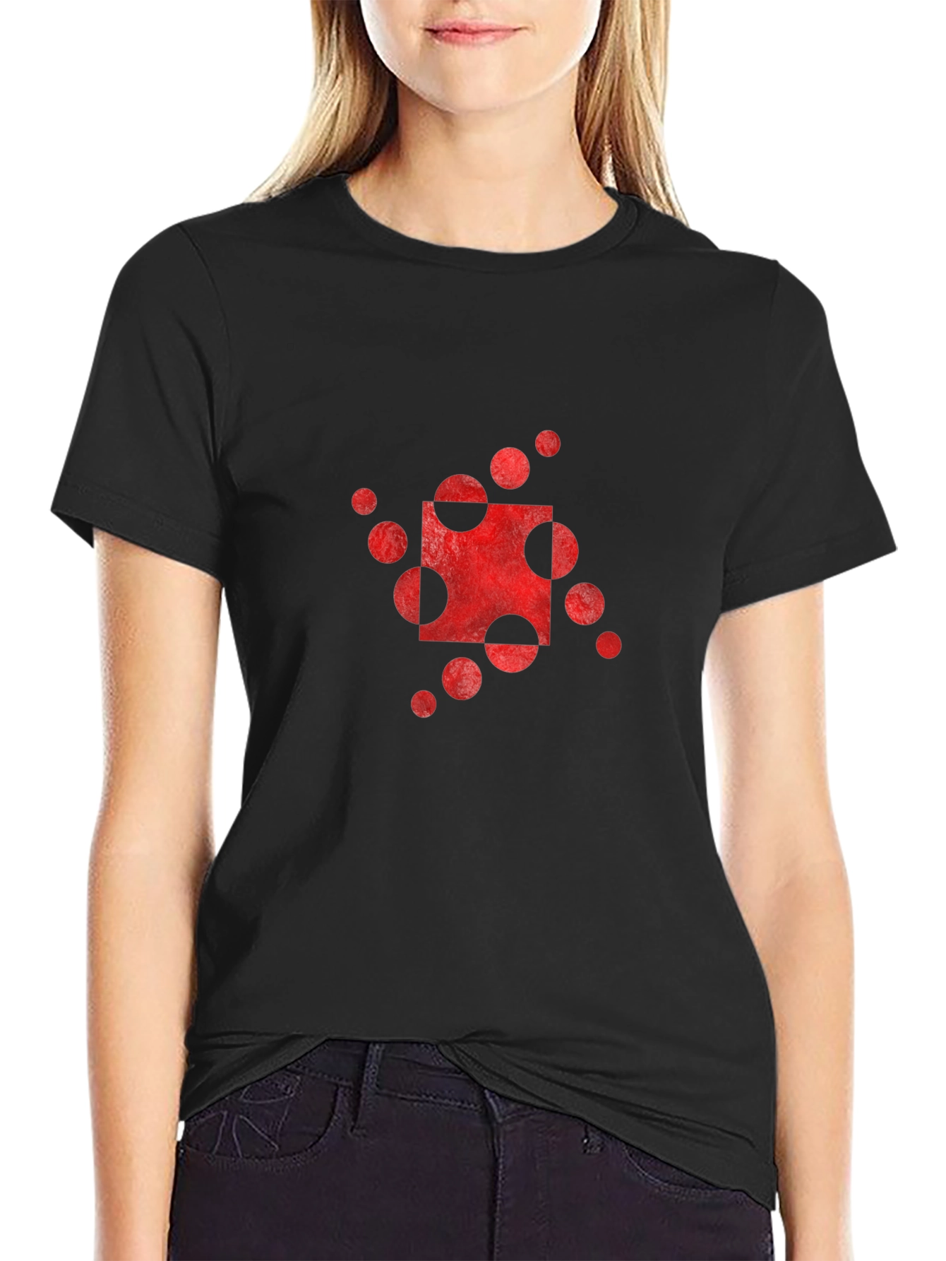 Abstract Red Circle Square Graphic Black T-Shirt