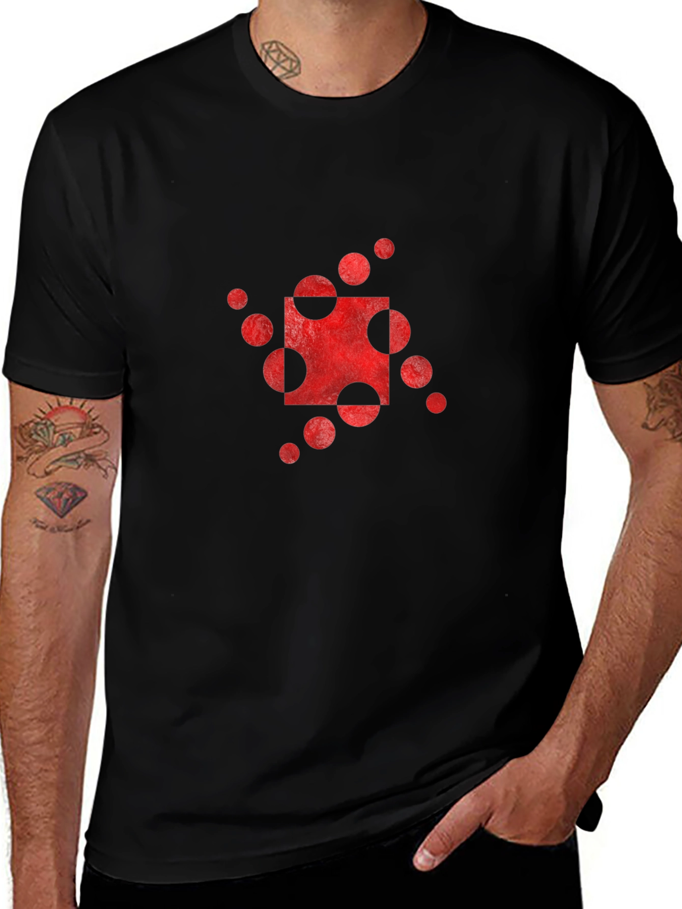 Abstract Red Circle Square Graphic Black T-Shirt