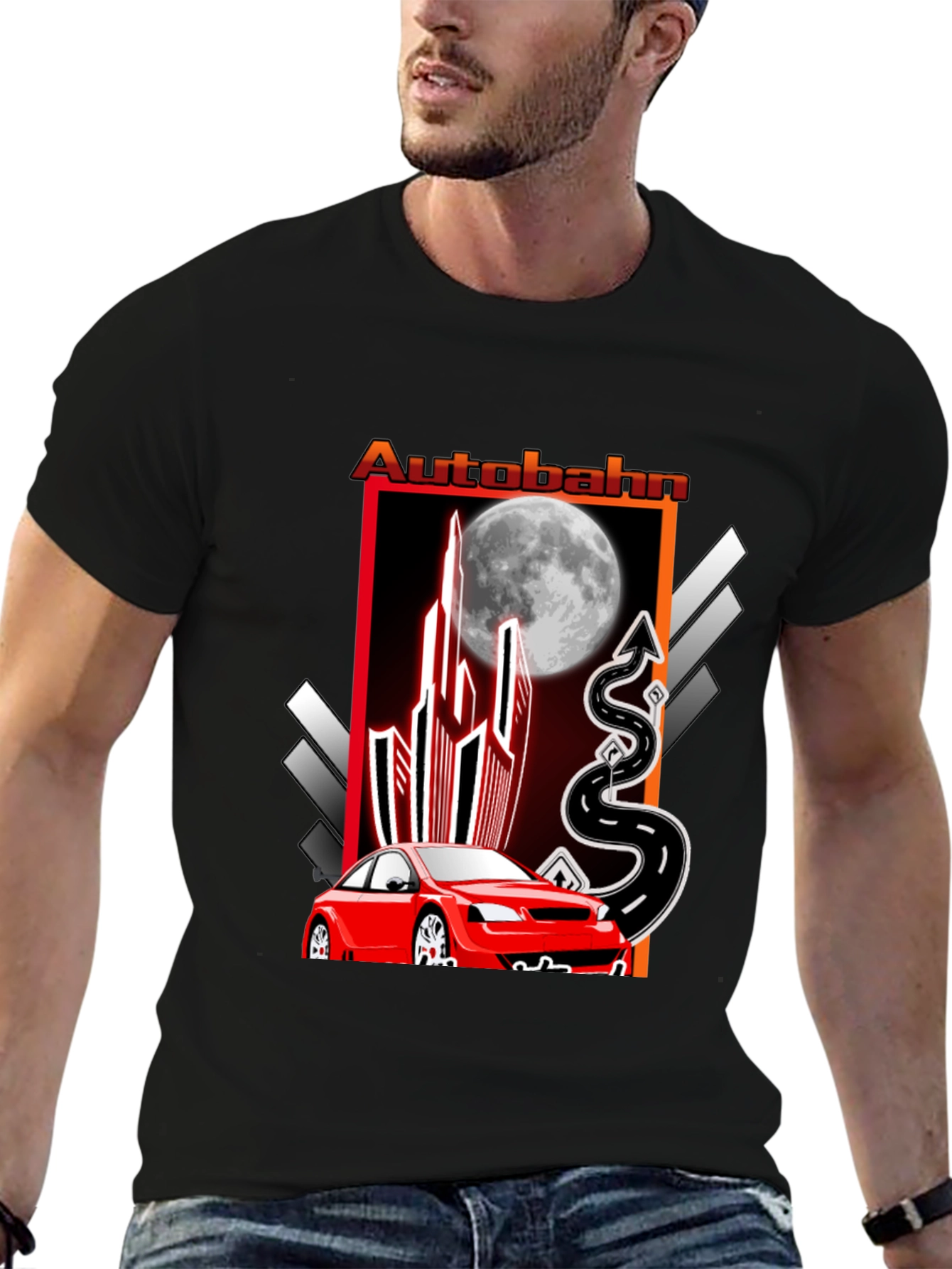 Autobahn Graphic T-Shirt: Red Car & Moon Design