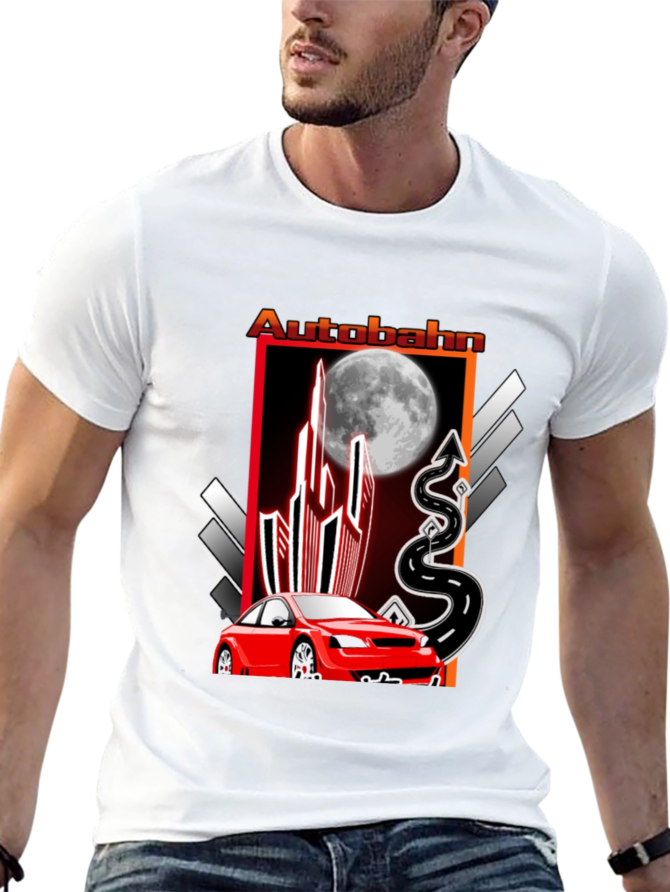 Autobahn Graphic T-Shirt: Red Car & Moon Design