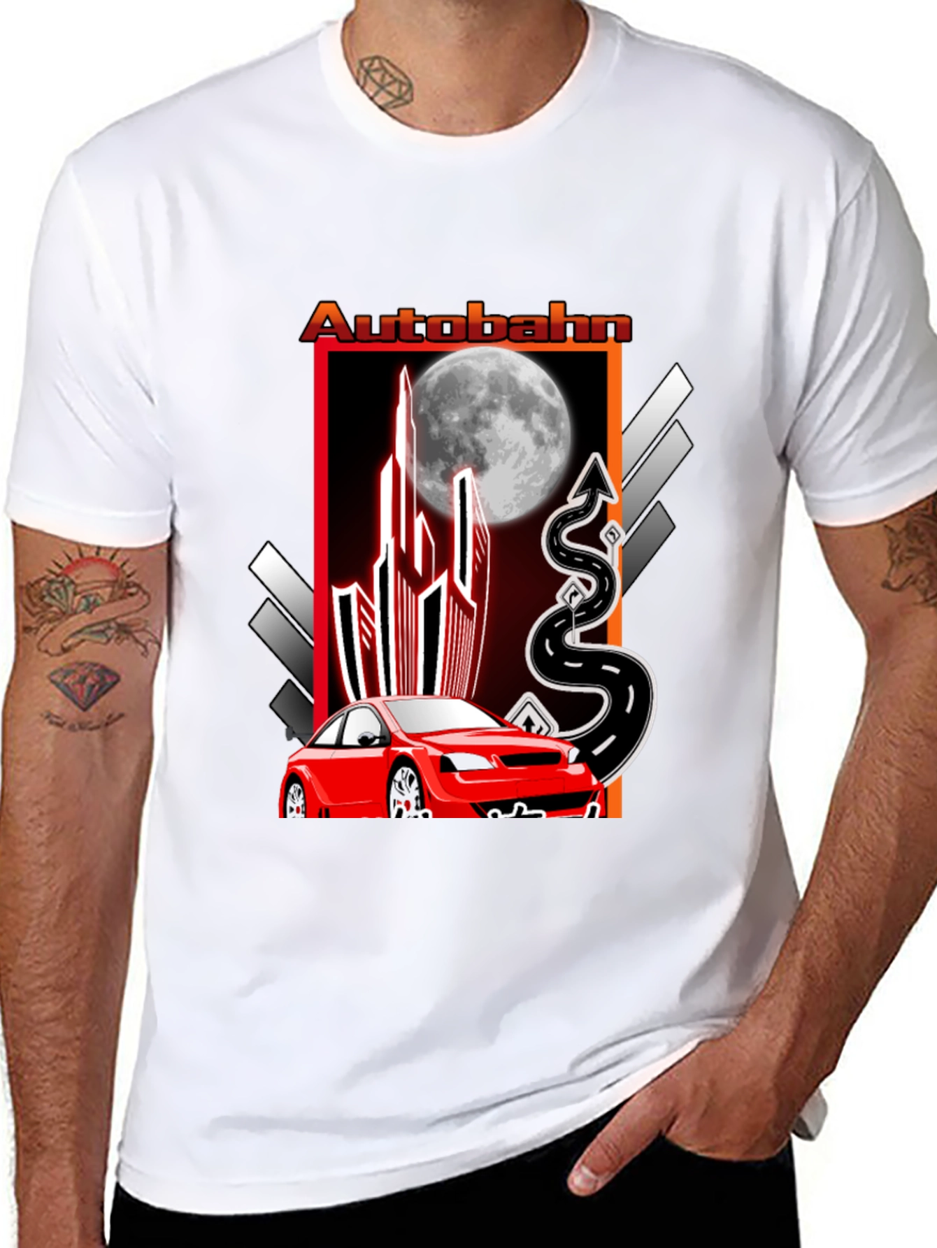 Autobahn Graphic T-Shirt: Red Car & Moon Design
