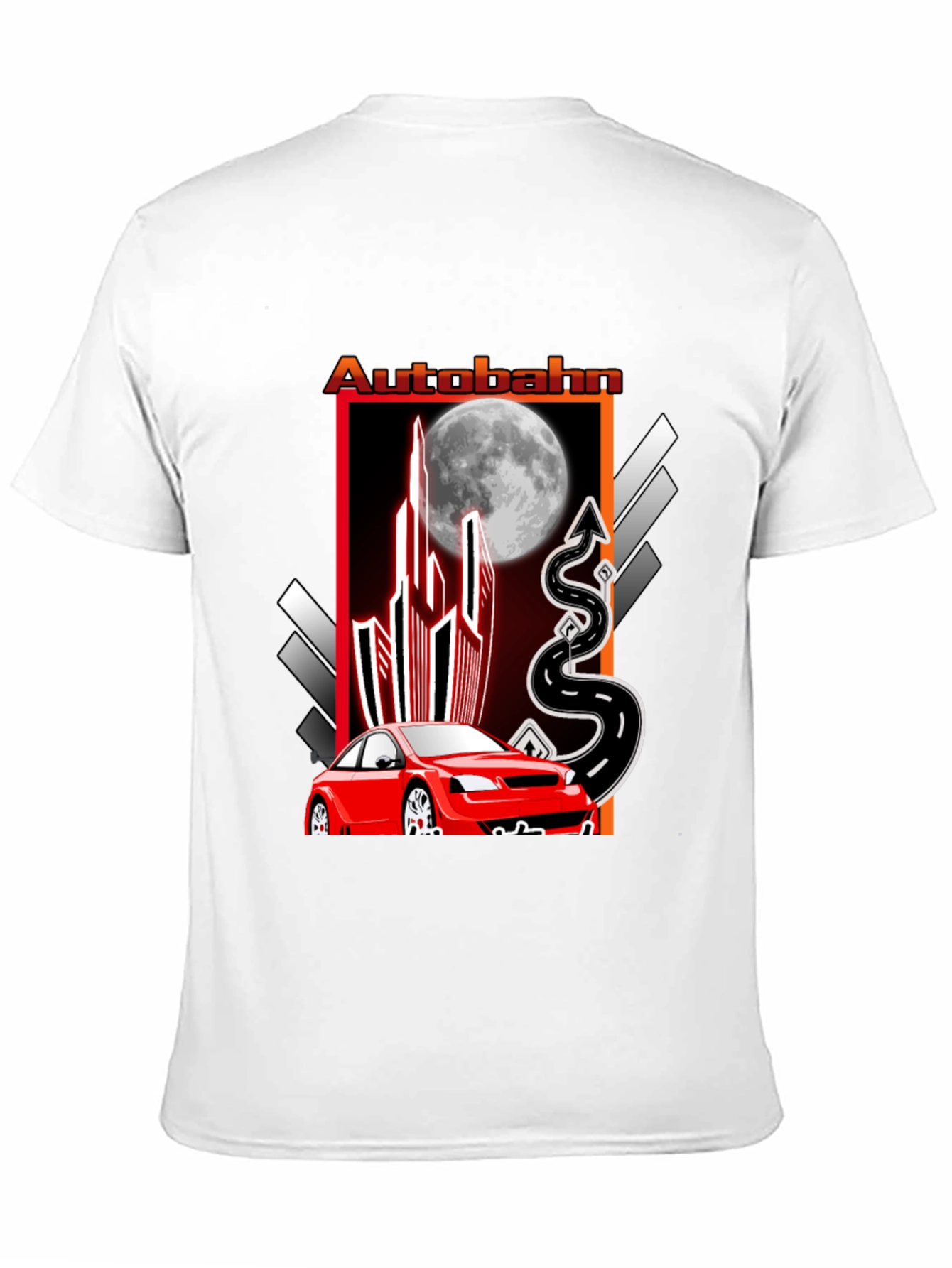 Autobahn Graphic T-Shirt: Red Car & Moon Design