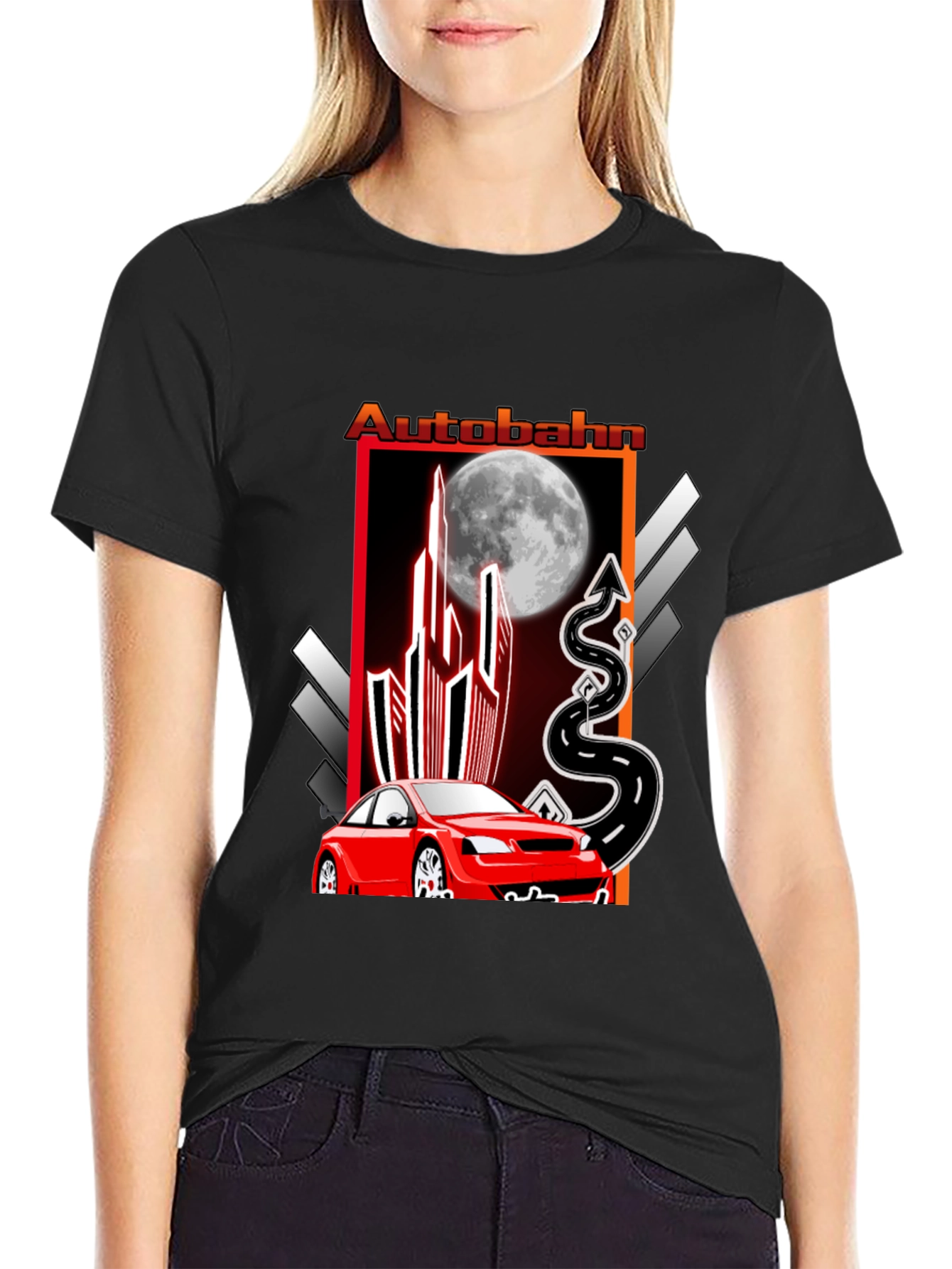 Autobahn Graphic T-Shirt: Red Car & Moon Design
