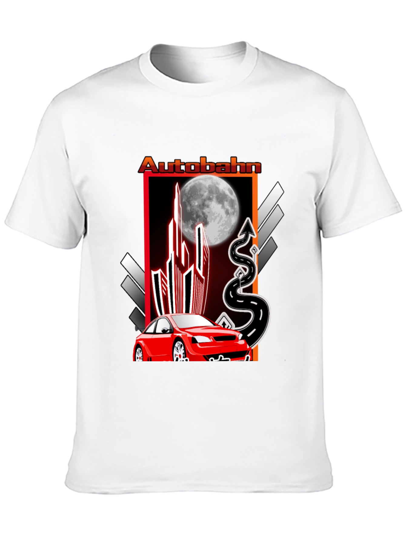 Autobahn Graphic T-Shirt: Red Car & Moon Design