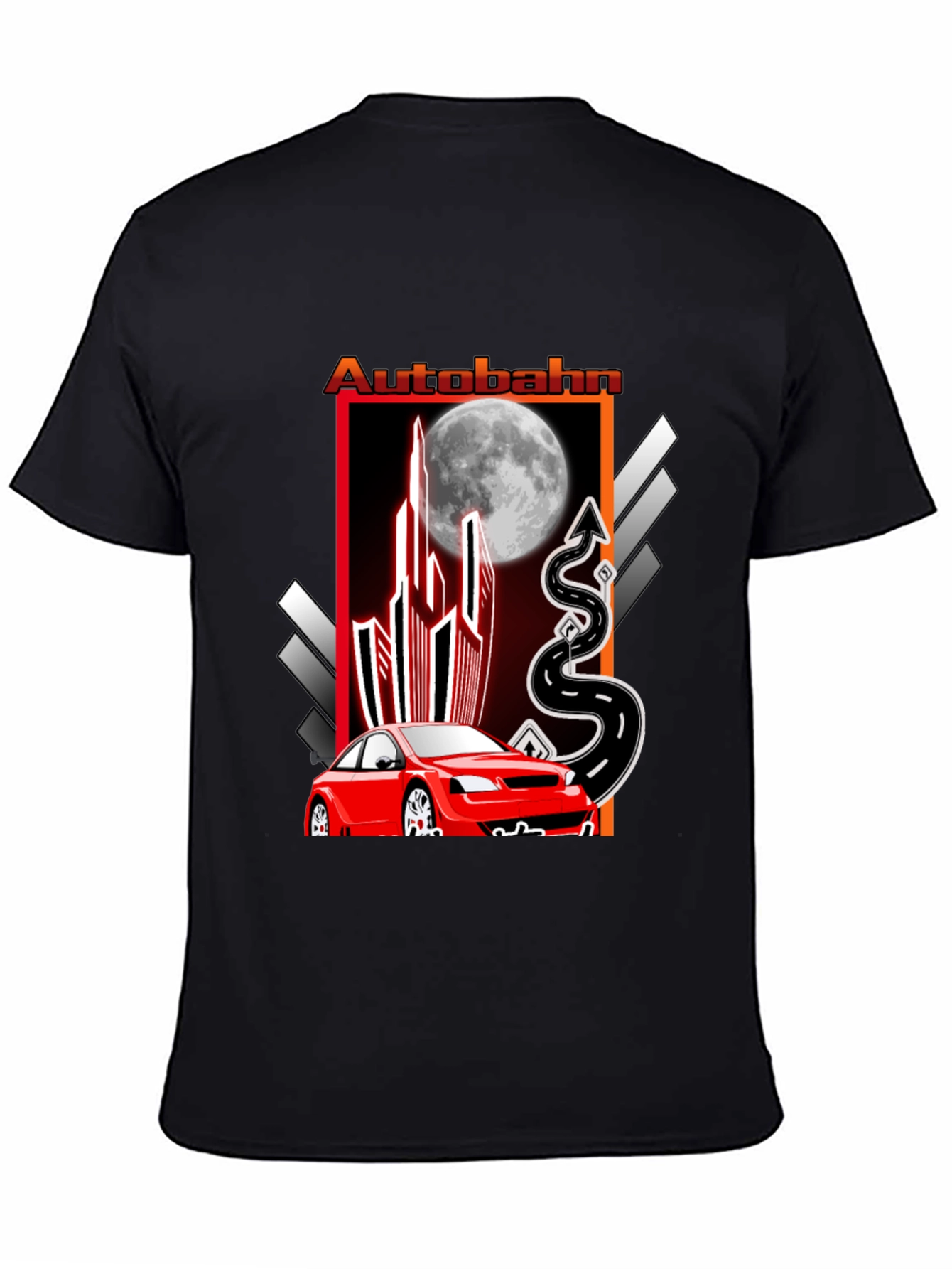 Autobahn Graphic T-Shirt: Red Car & Moon Design