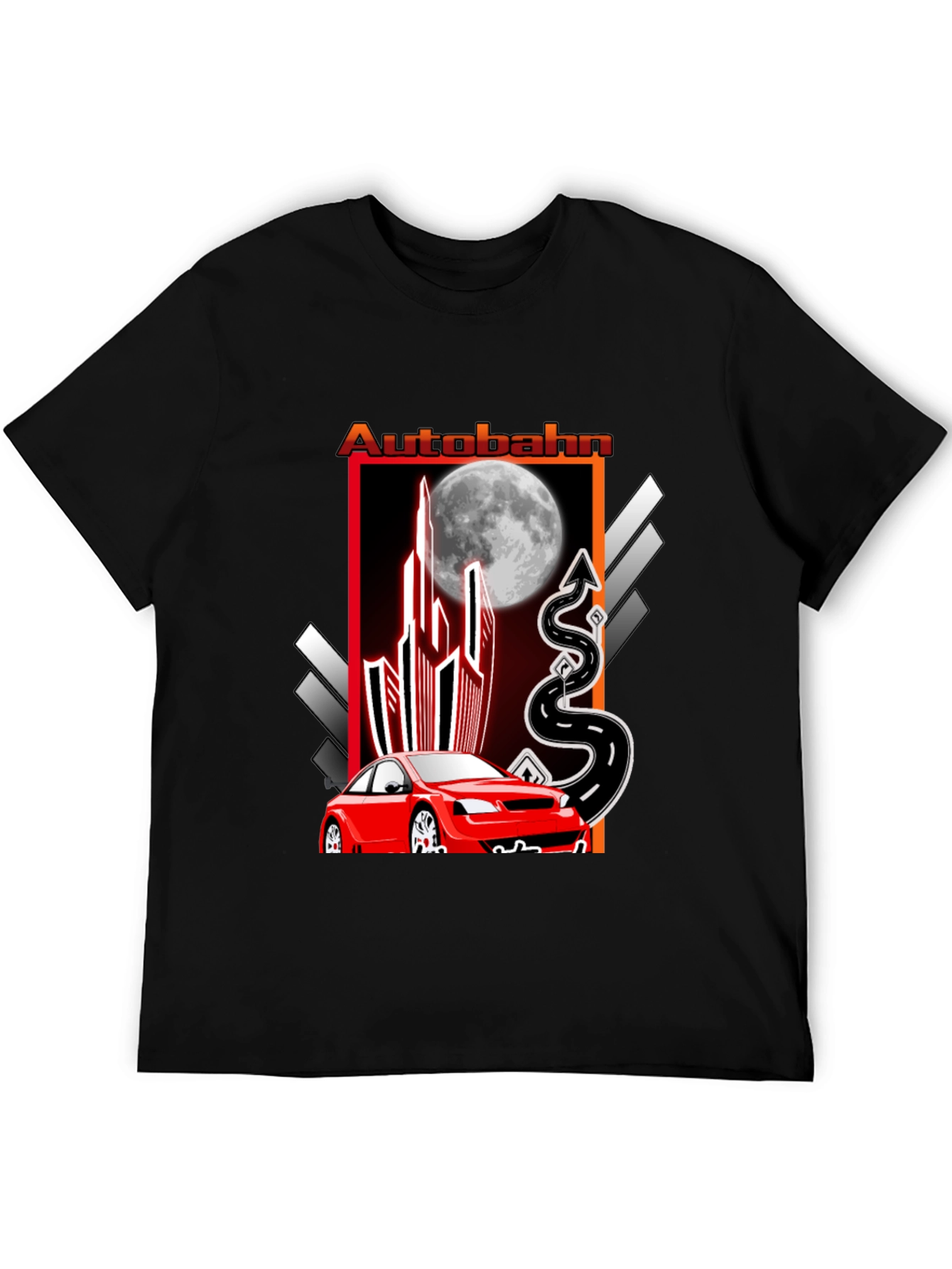 Autobahn Graphic T-Shirt: Red Car & Moon Design