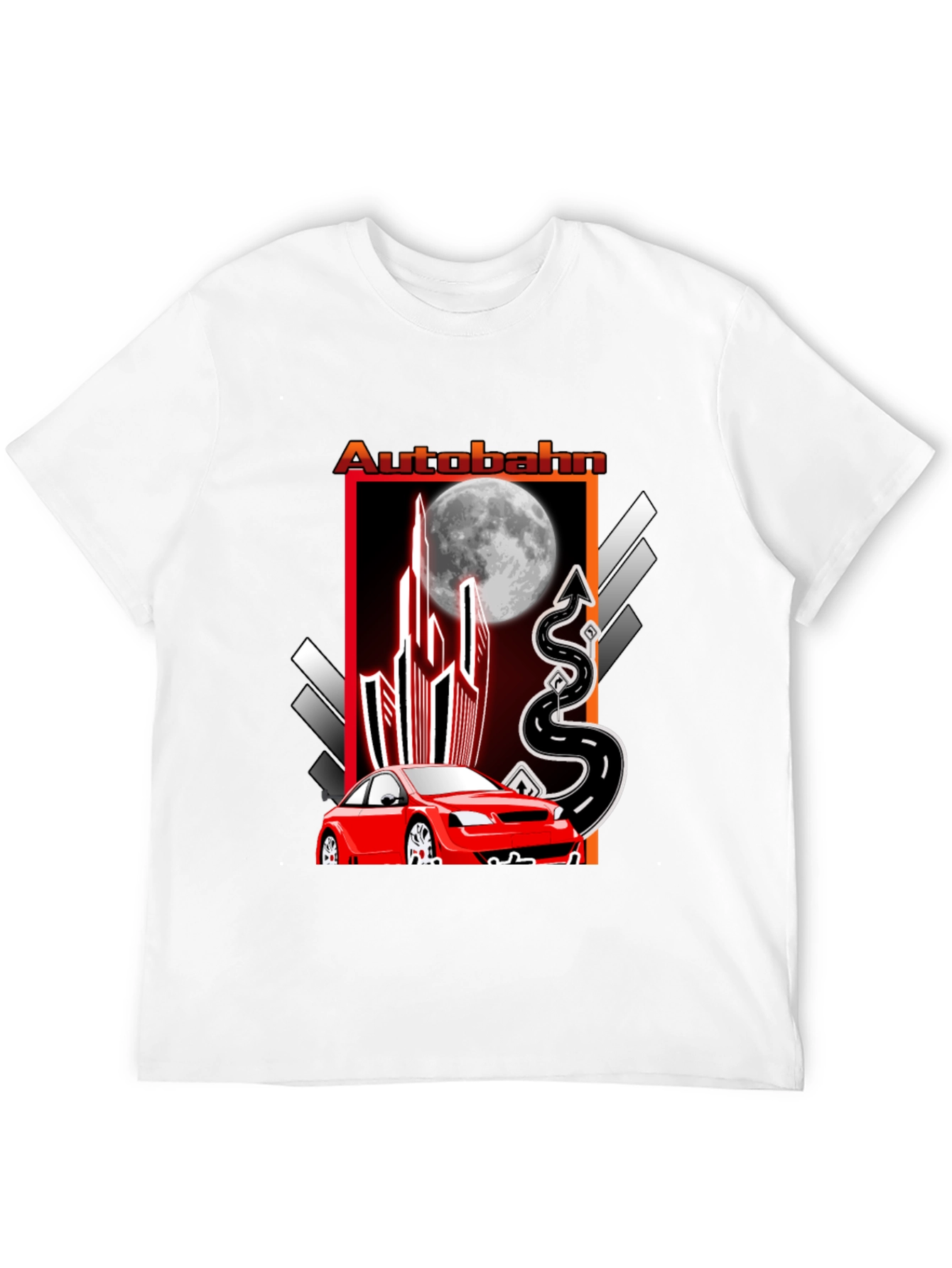 Autobahn Graphic T-Shirt: Red Car & Moon Design