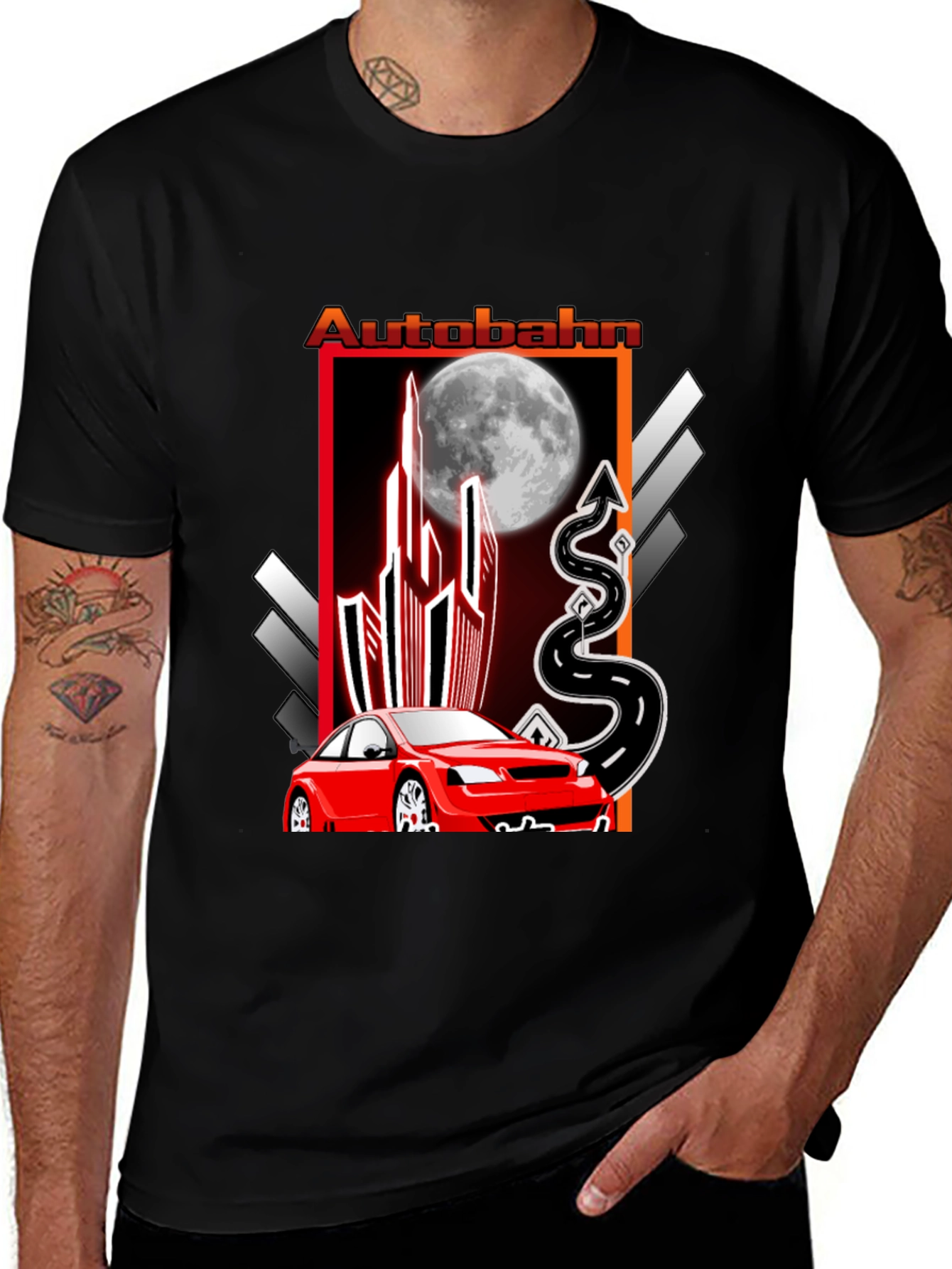 Autobahn Graphic T-Shirt: Red Car & Moon Design