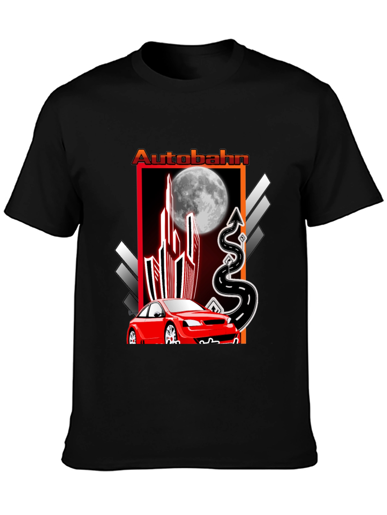 Autobahn Graphic T-Shirt: Red Car & Moon Design