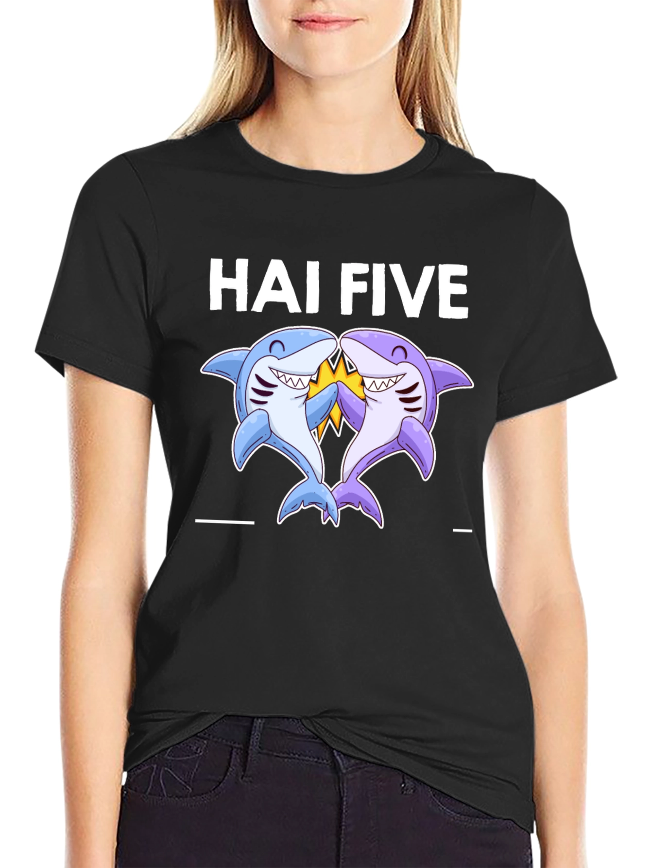 Hai Five Shark T-Shirt - Black Cotton Tee