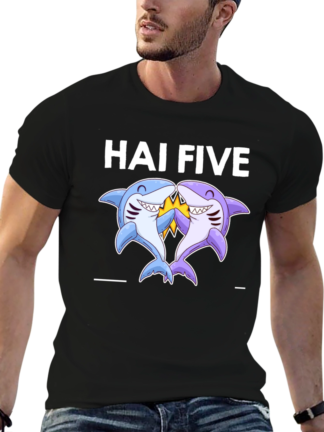 Hai Five Shark T-Shirt - Black Cotton Tee