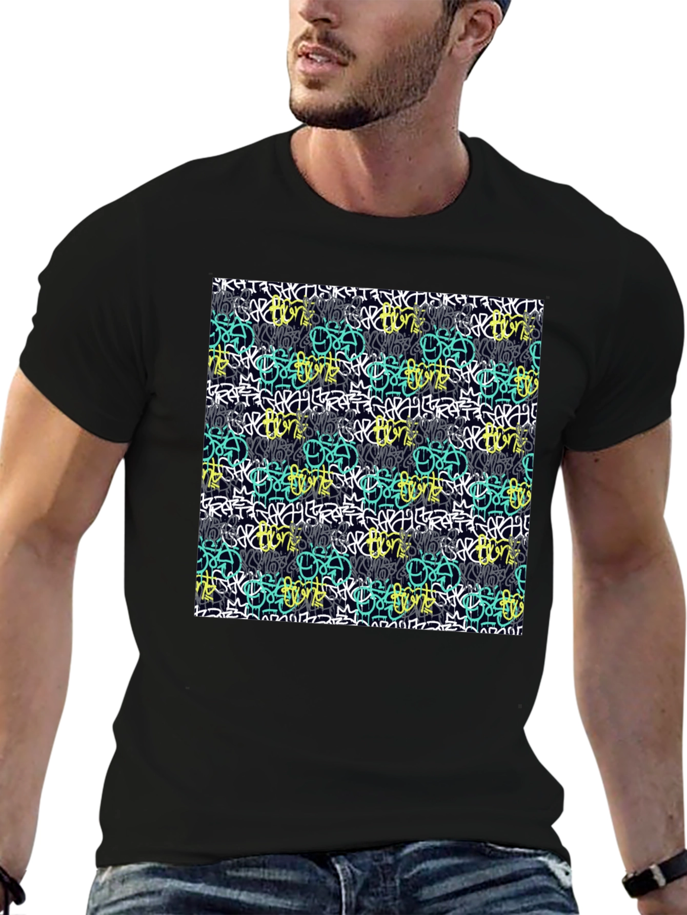 Graffiti Style Pattern Black T-Shirt