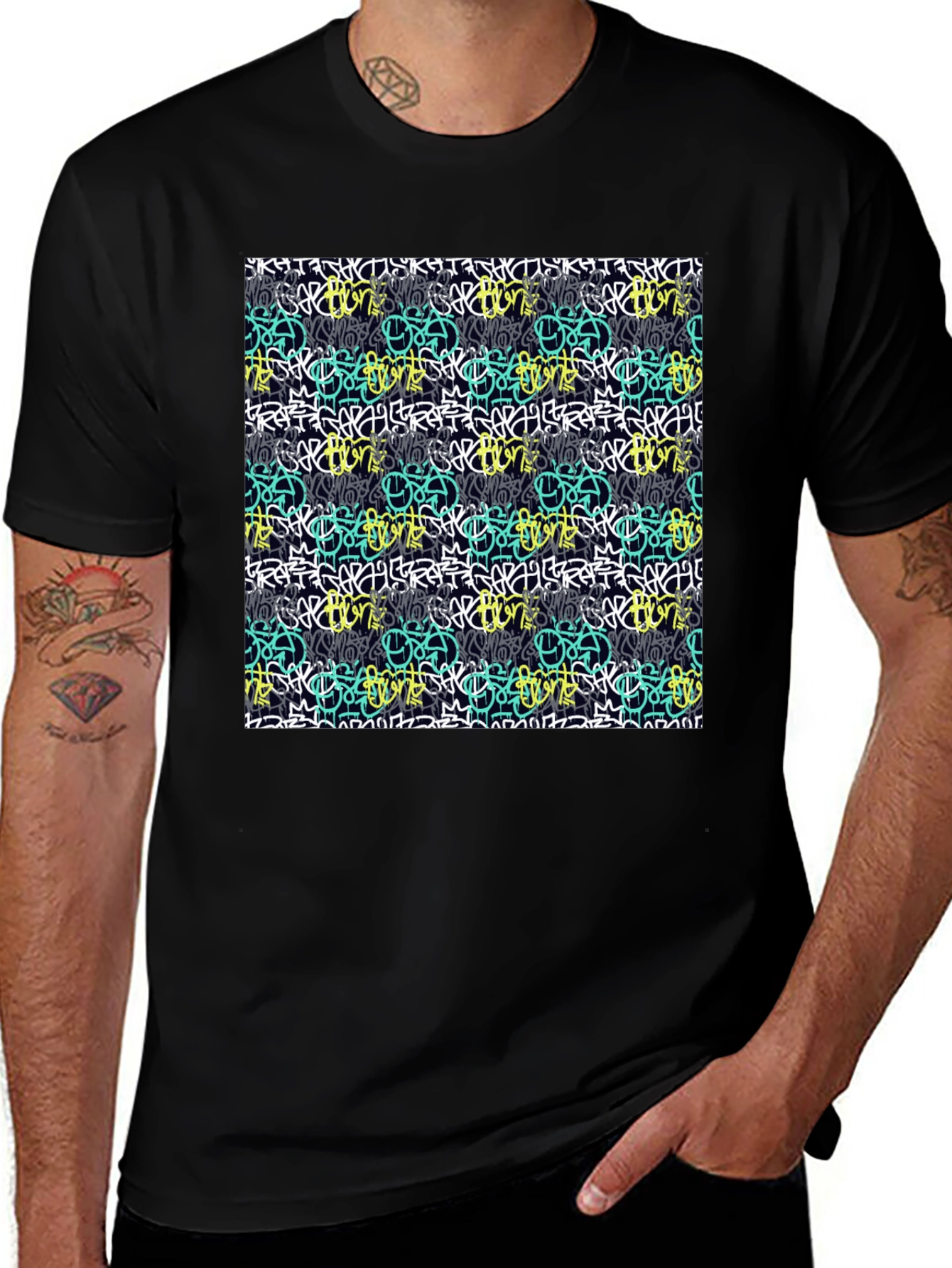Graffiti Style Pattern Black T-Shirt