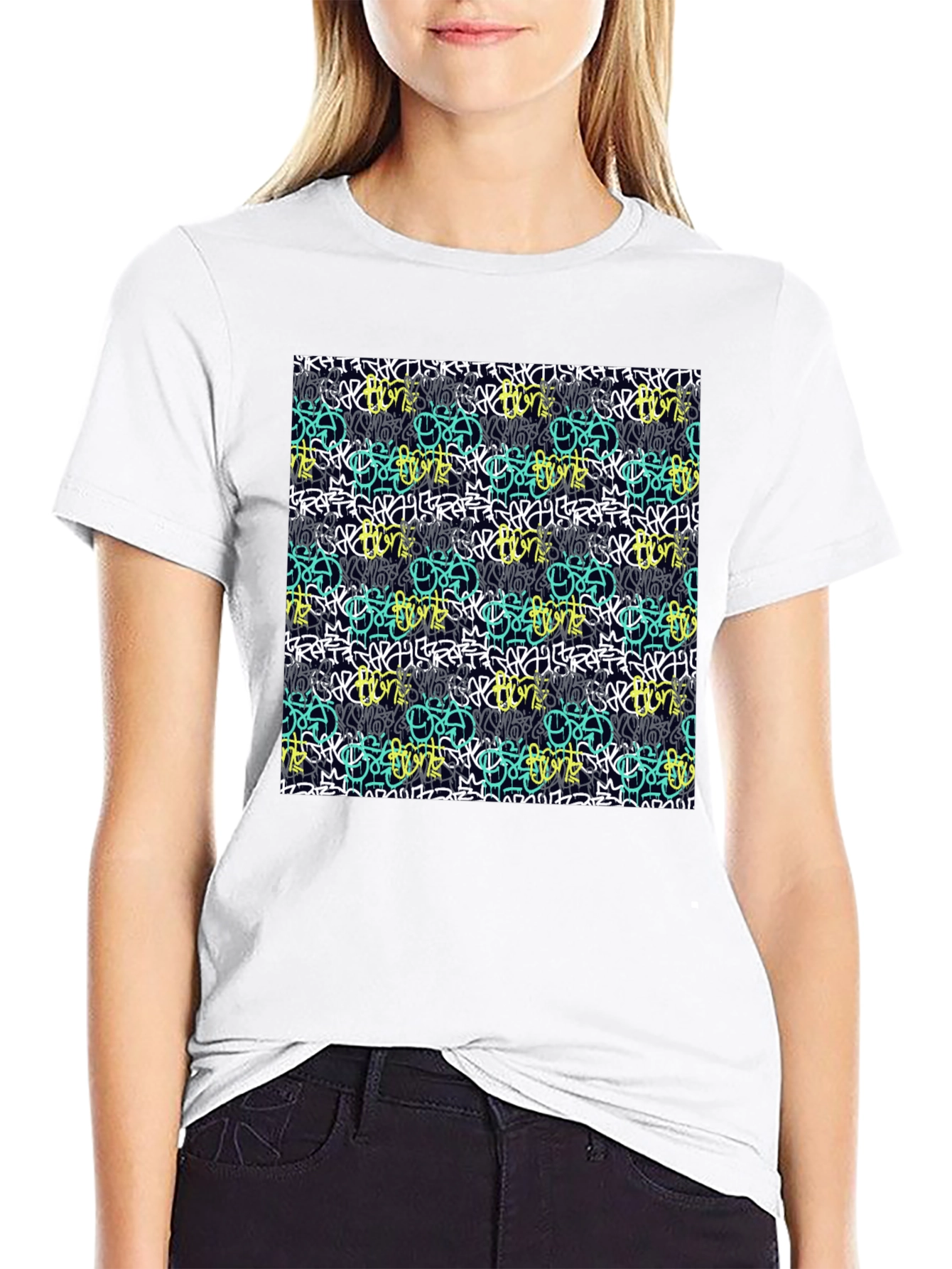 Graffiti Style Pattern Black T-Shirt