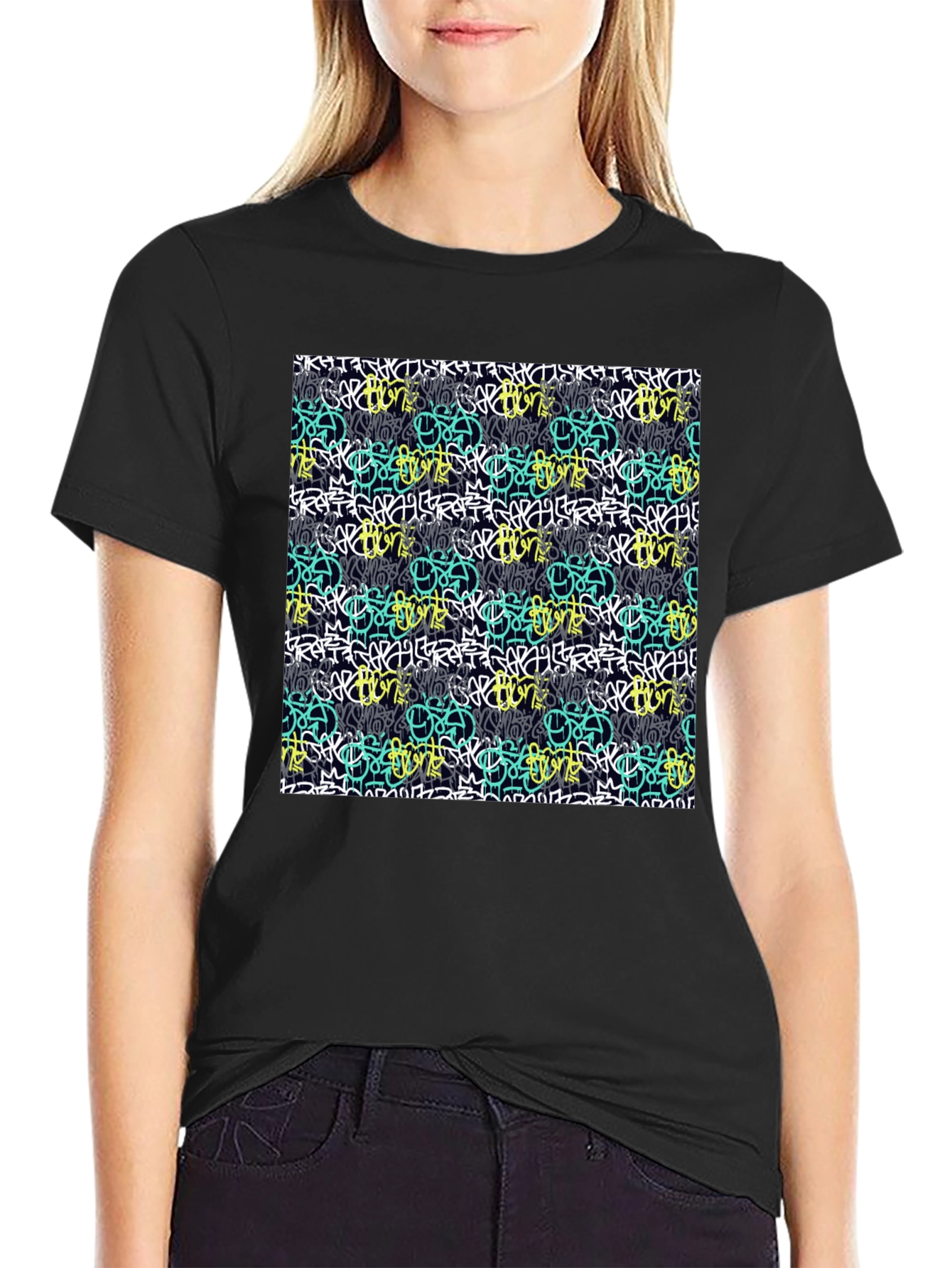 Graffiti Style Pattern Black T-Shirt