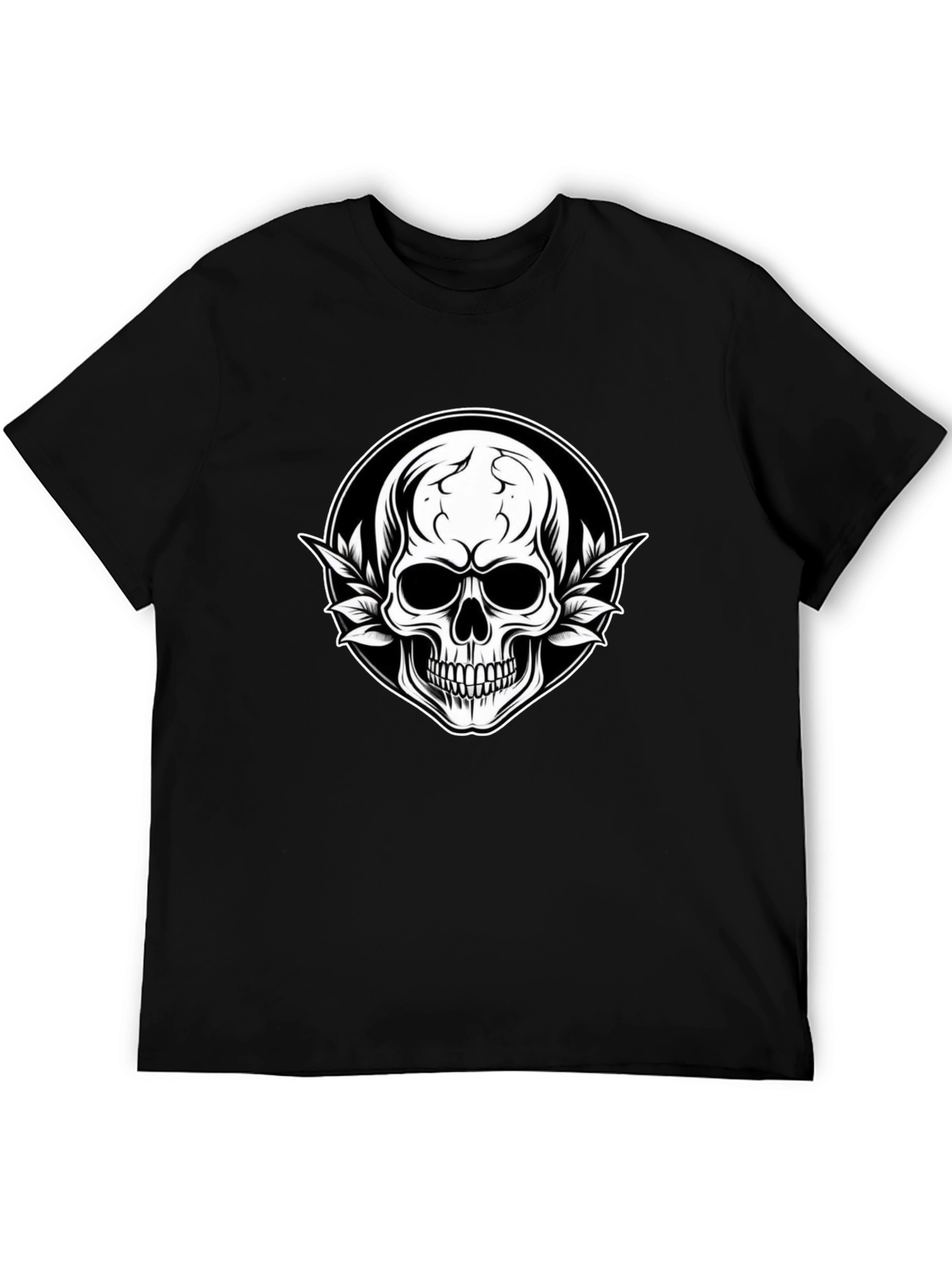 Skull & Leaf Graphic Tee - Black Cotton T-Shirt