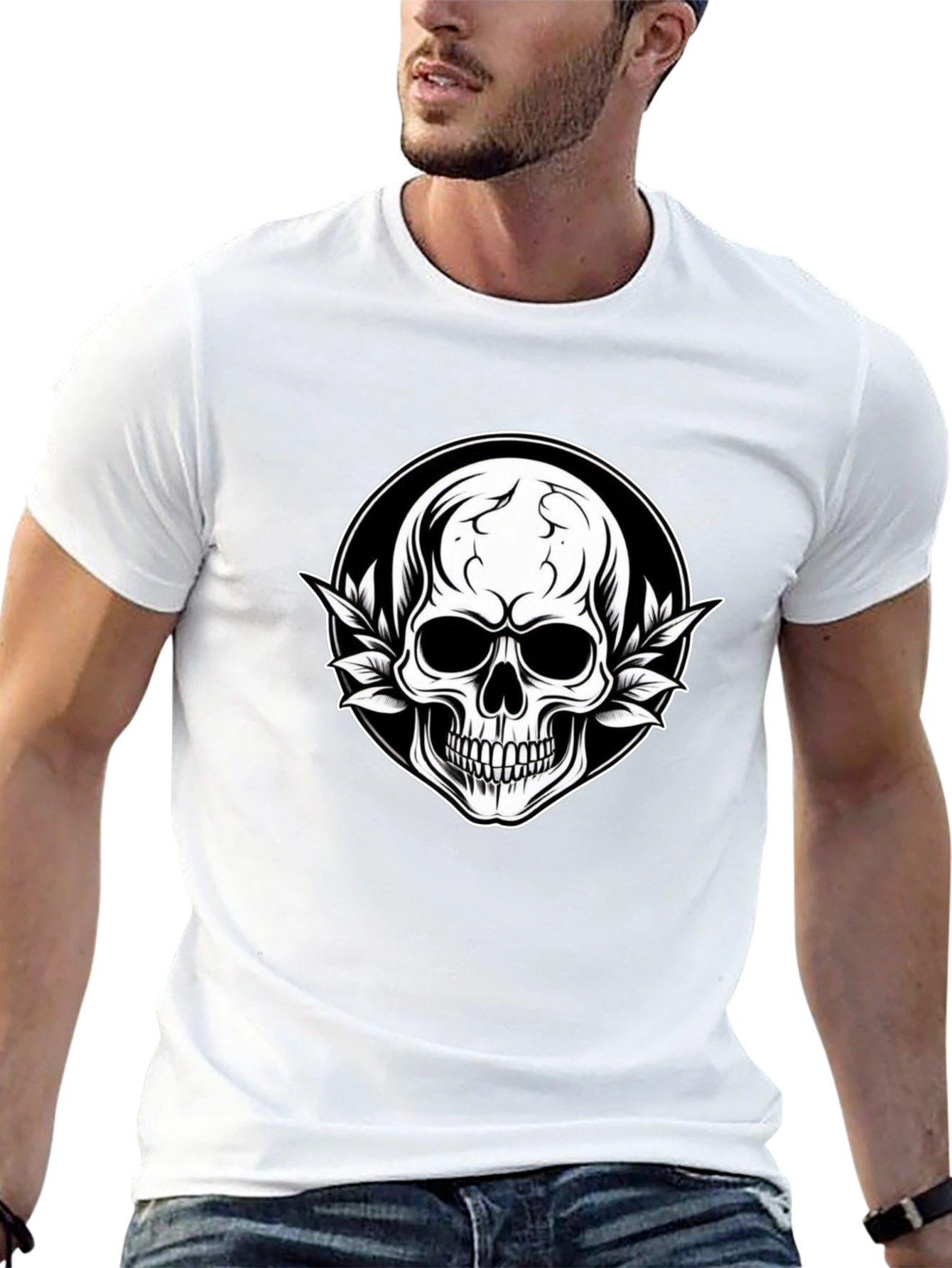 Skull & Leaf Graphic Tee - Black Cotton T-Shirt