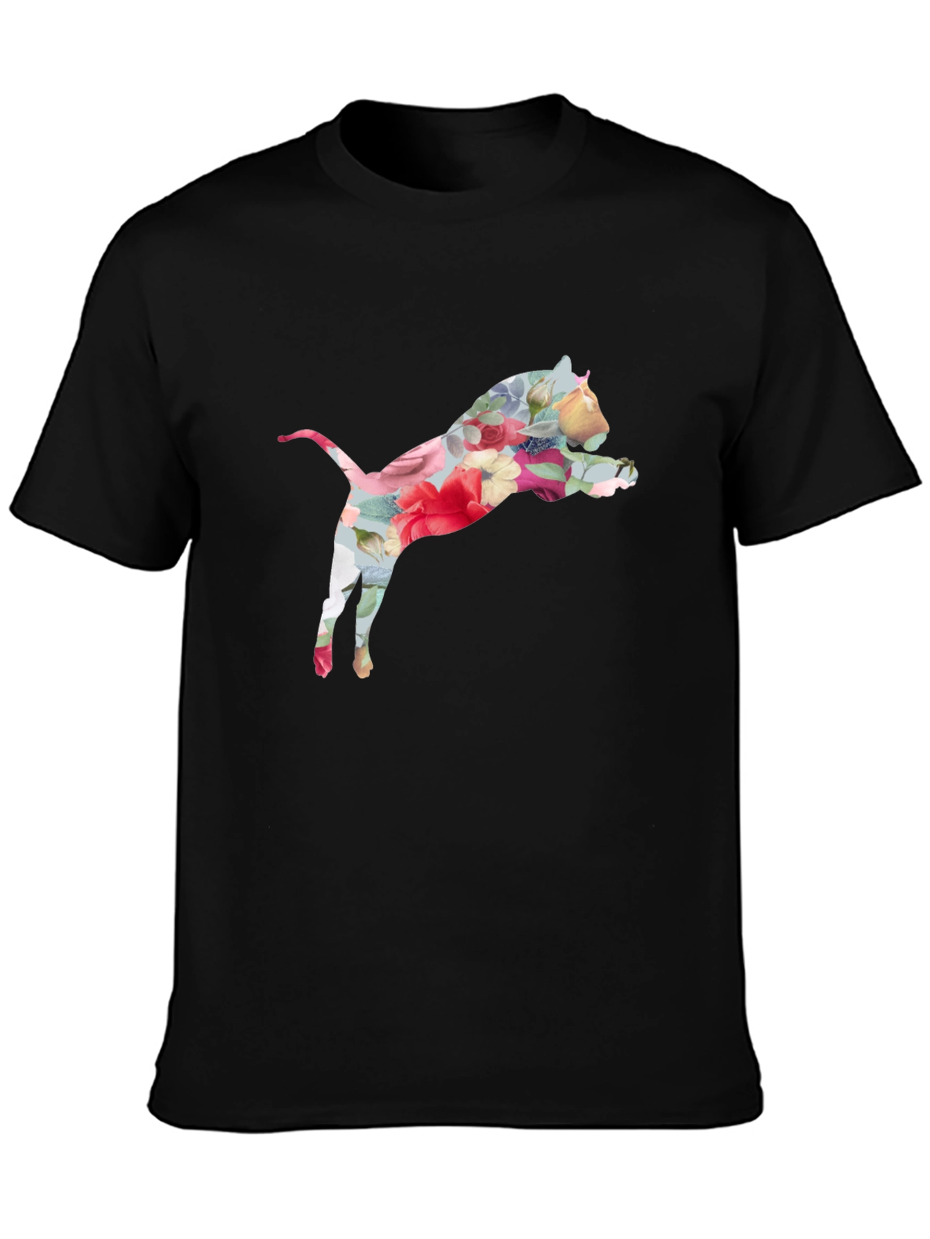Floral Cat Print Black T-Shirt