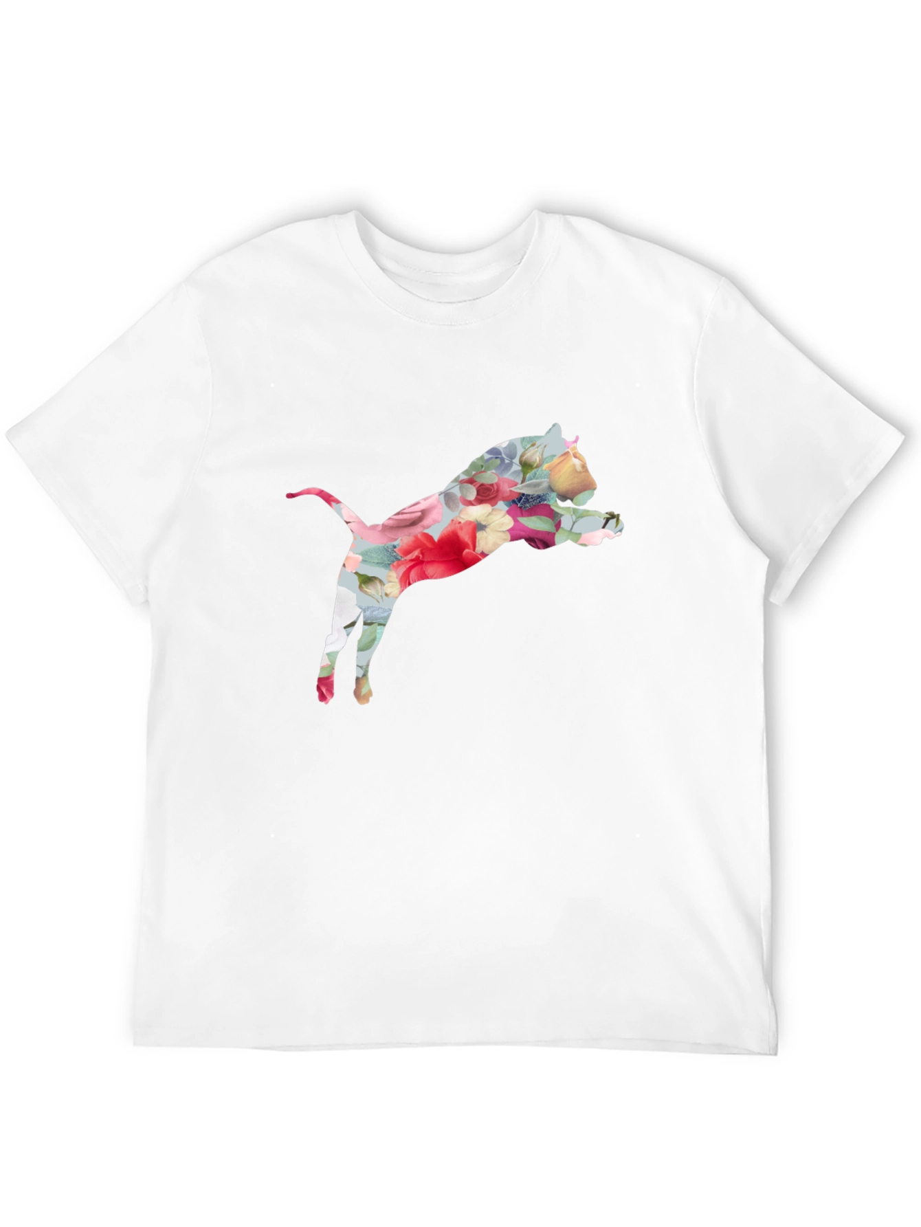 Floral Cat Print Black T-Shirt