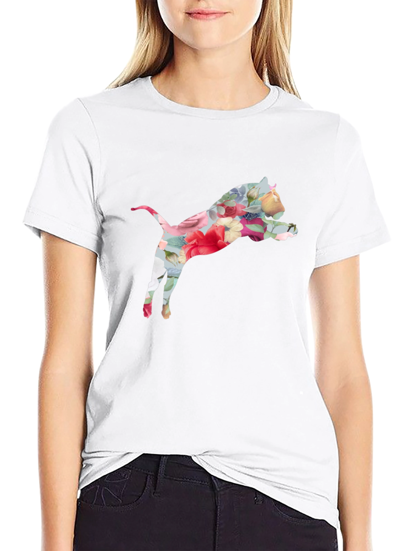 Floral Cat Print Black T-Shirt