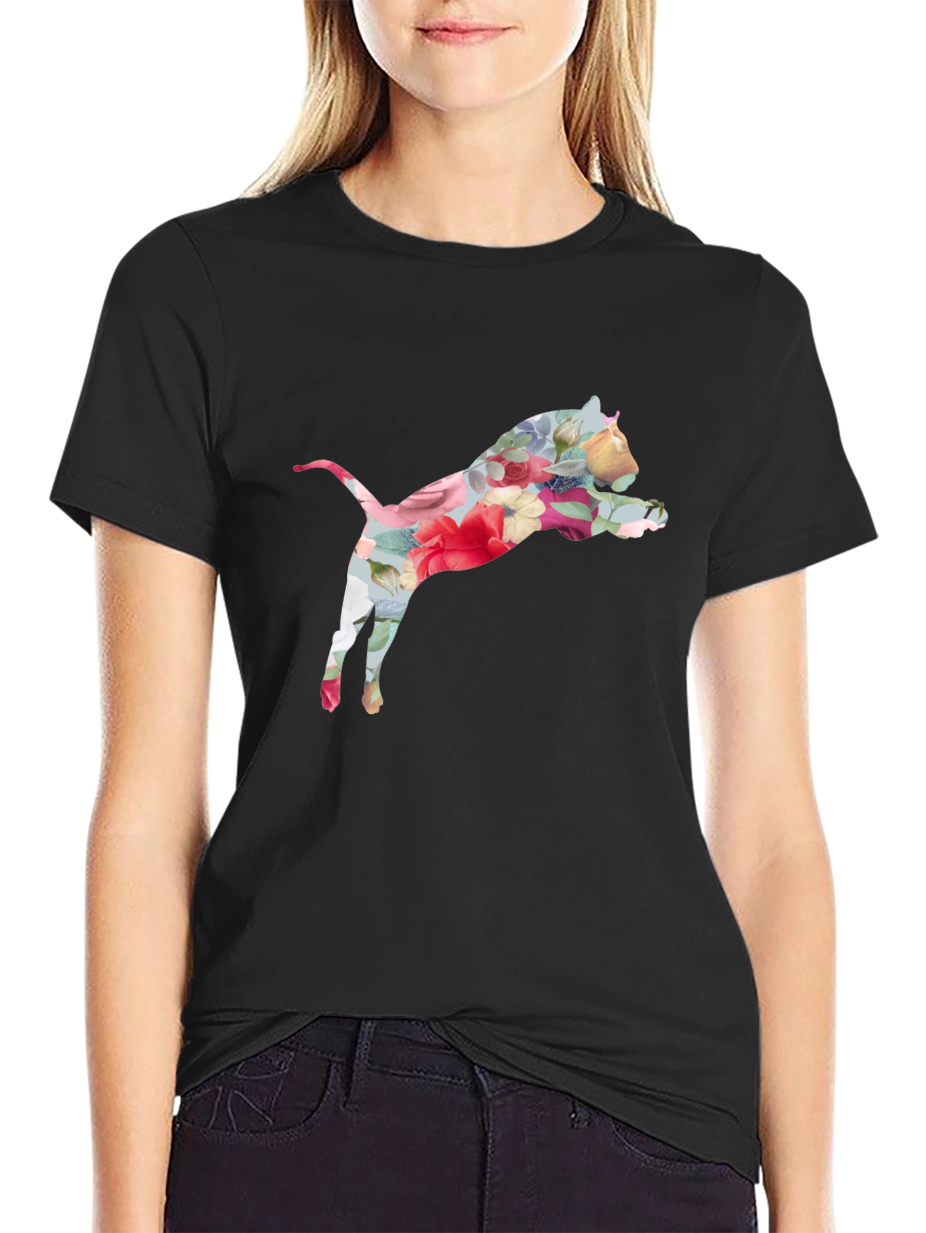 Floral Cat Print Black T-Shirt